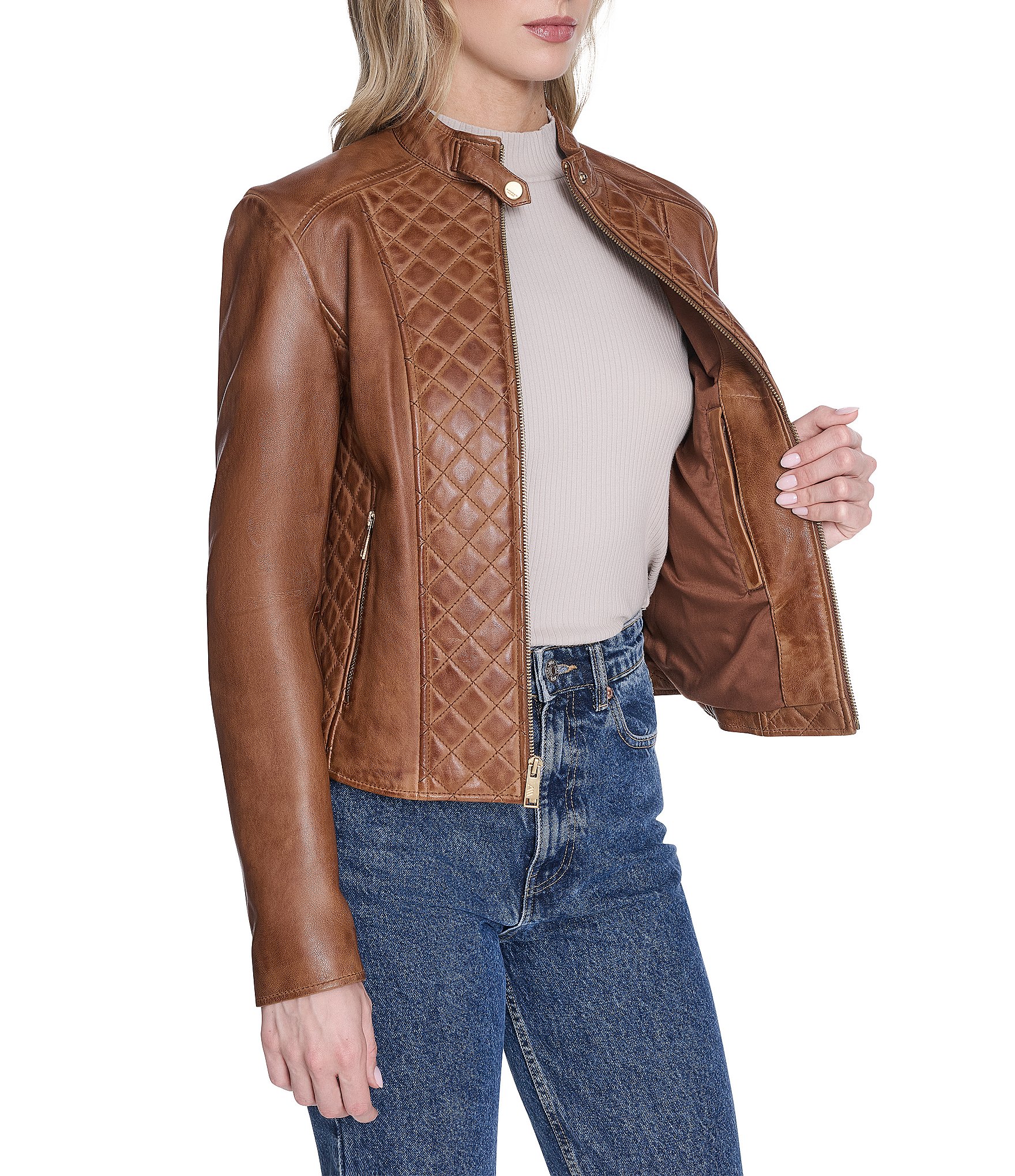 Andrew Marc Marlette Lambskin Leather Stand Collar Zip Front Moto Jacket
