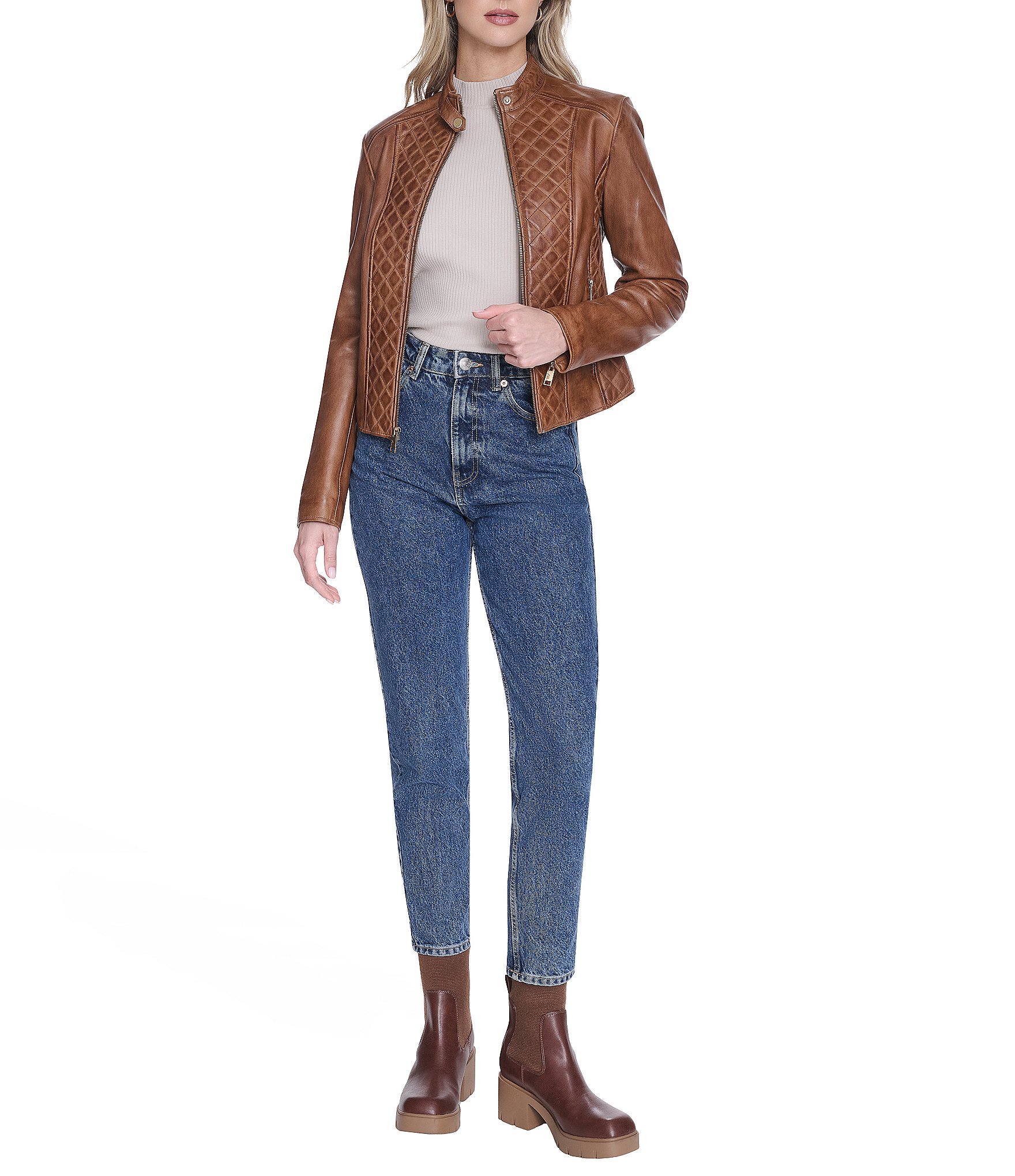 Andrew Marc Marlette Lambskin Leather Stand Collar Zip Front Moto Jacket