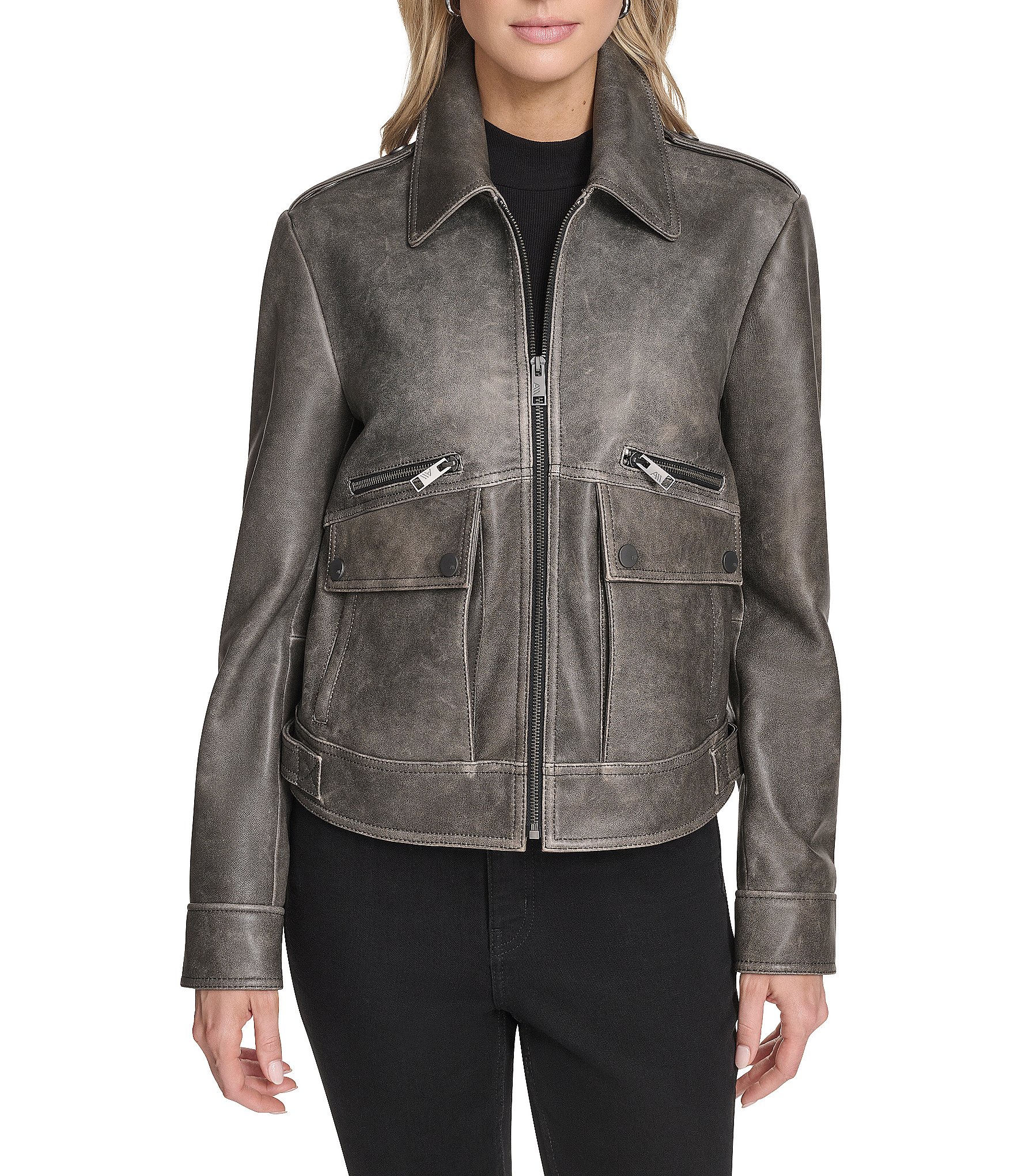 Andrew Marc Sport Addis Aviator Style Zip Front Leather Jacket