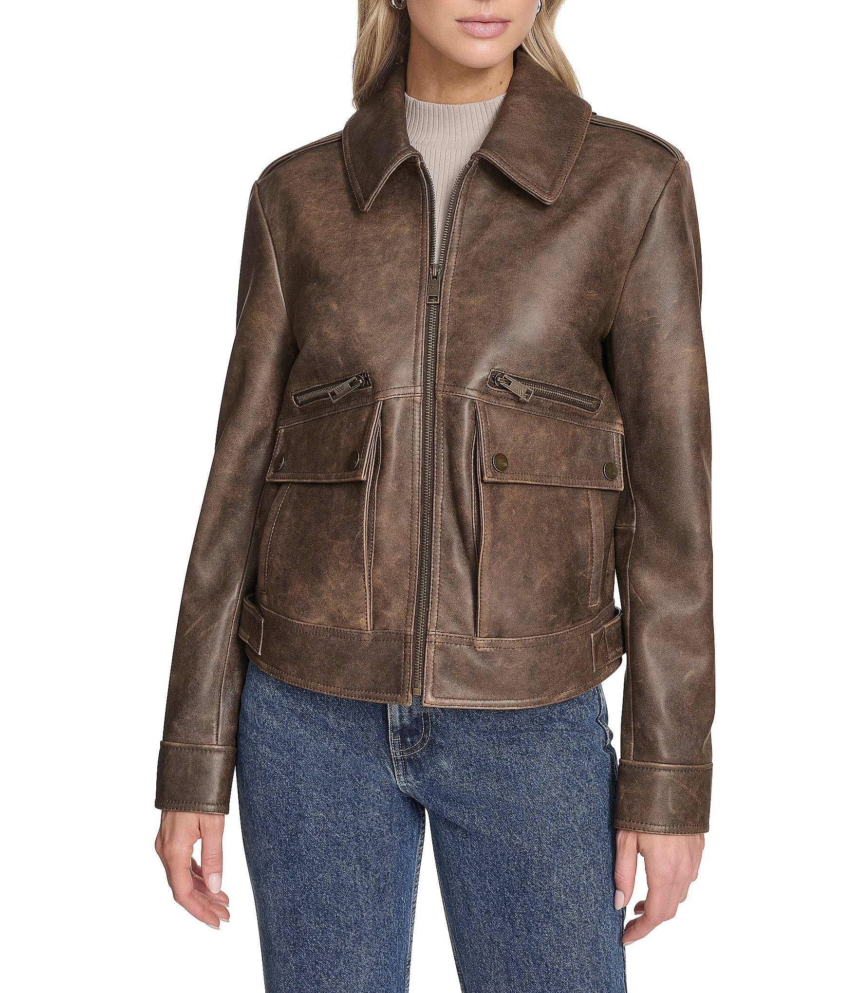 Andrew Marc Sport Addis Aviator Style Zip Front Leather Jacket