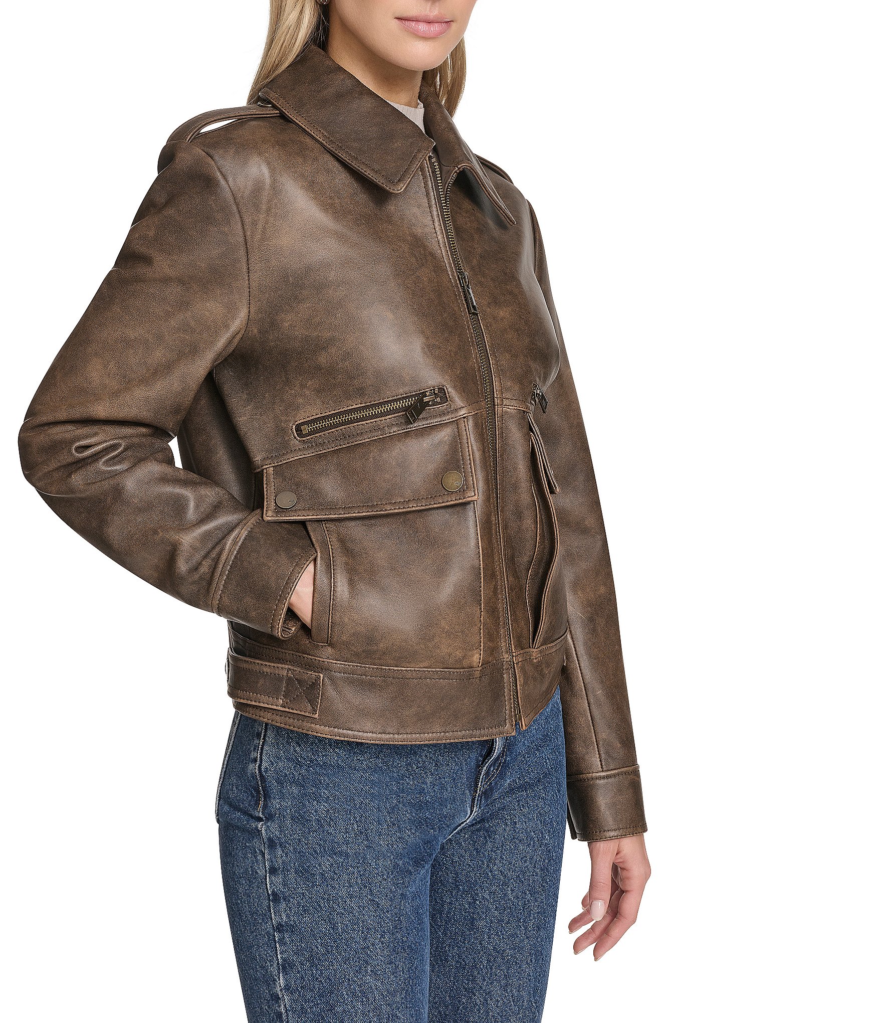 Andrew Marc Sport Addis Aviator Style Zip Front Leather Jacket