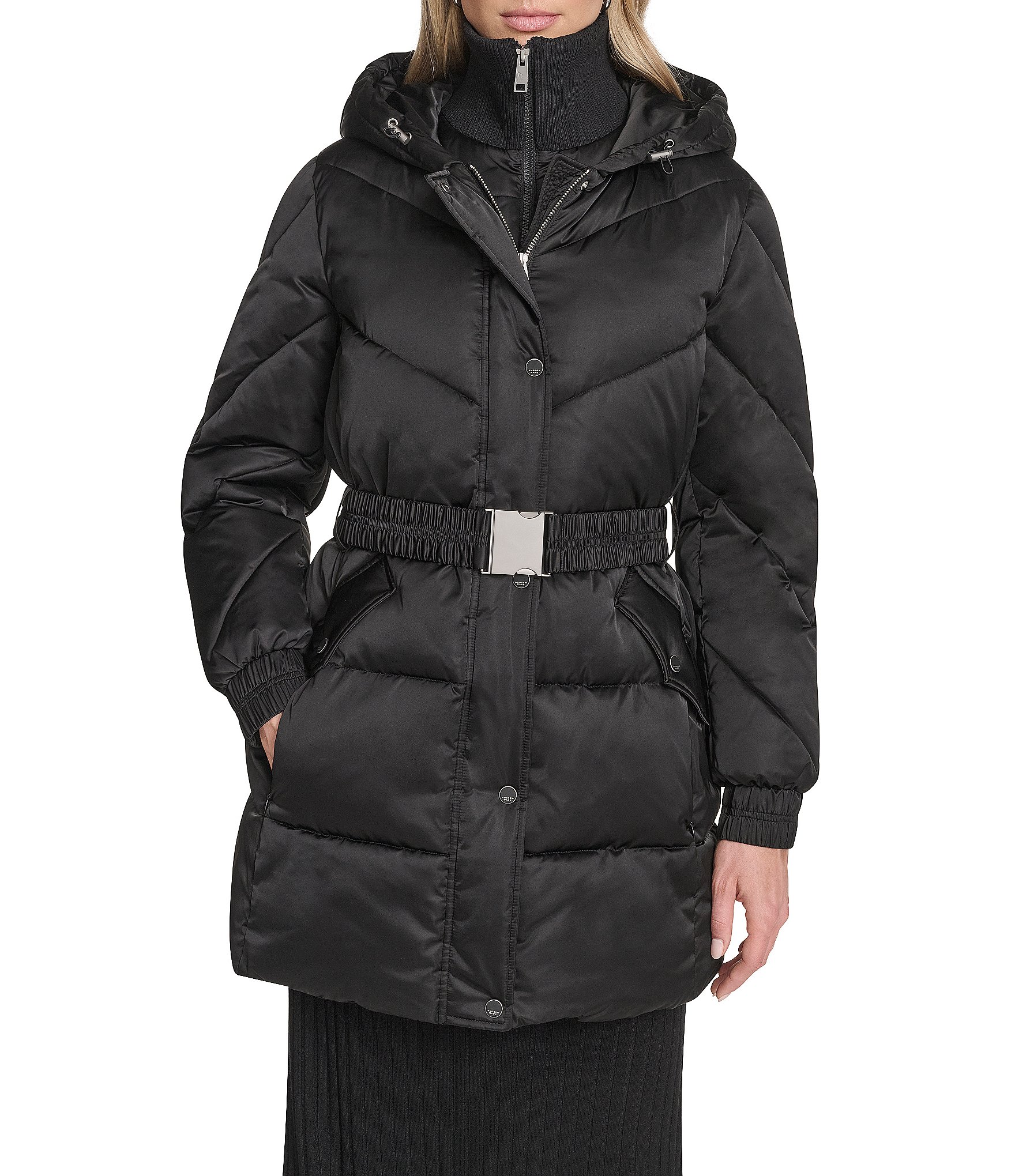 Andrew Marc Sport Mallee High Shine Satin Stand Collar Belted Faux down Parka Coat