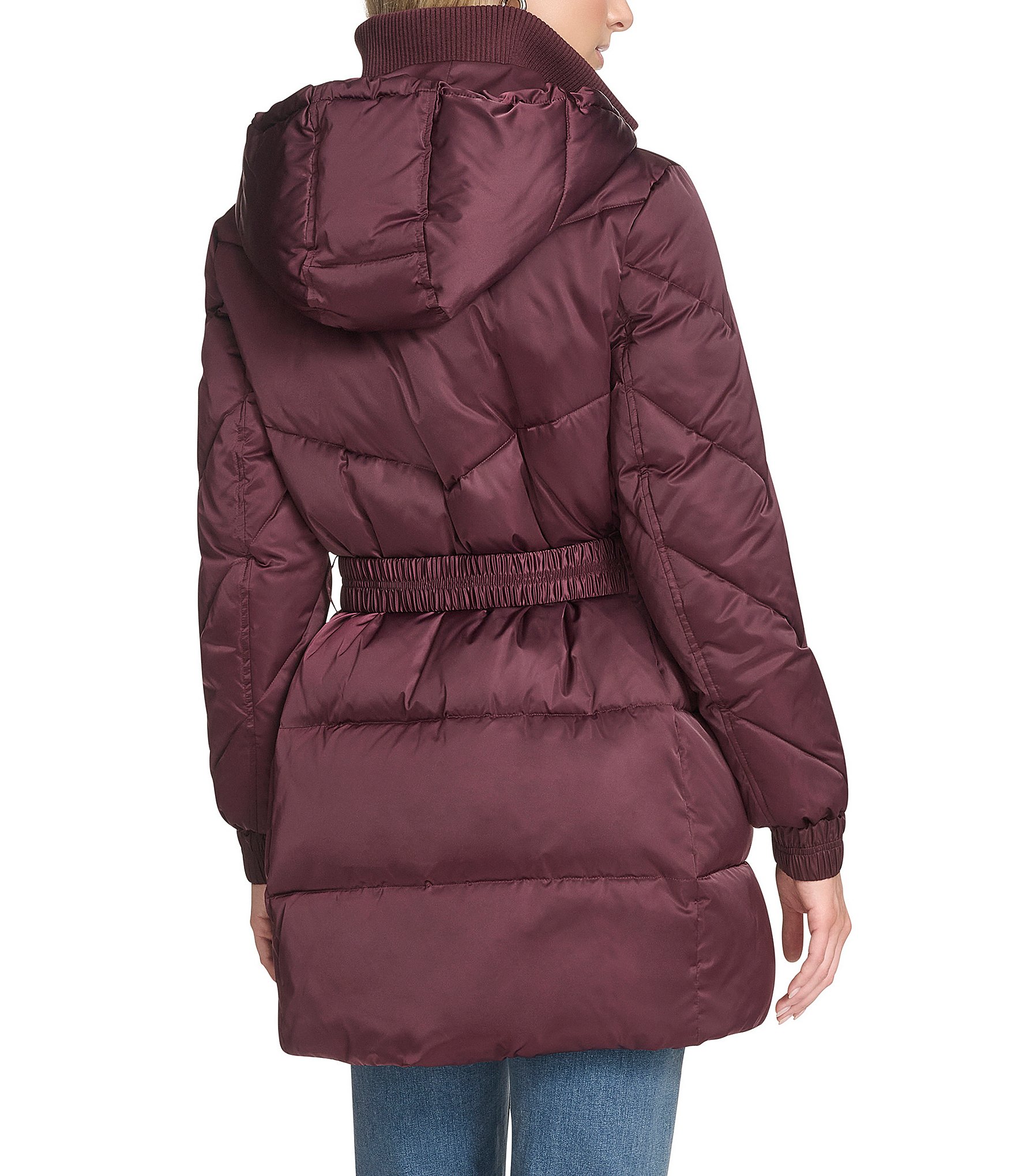 Andrew Marc Sport Mallee High Shine Satin Stand Collar Belted Faux down Parka Coat