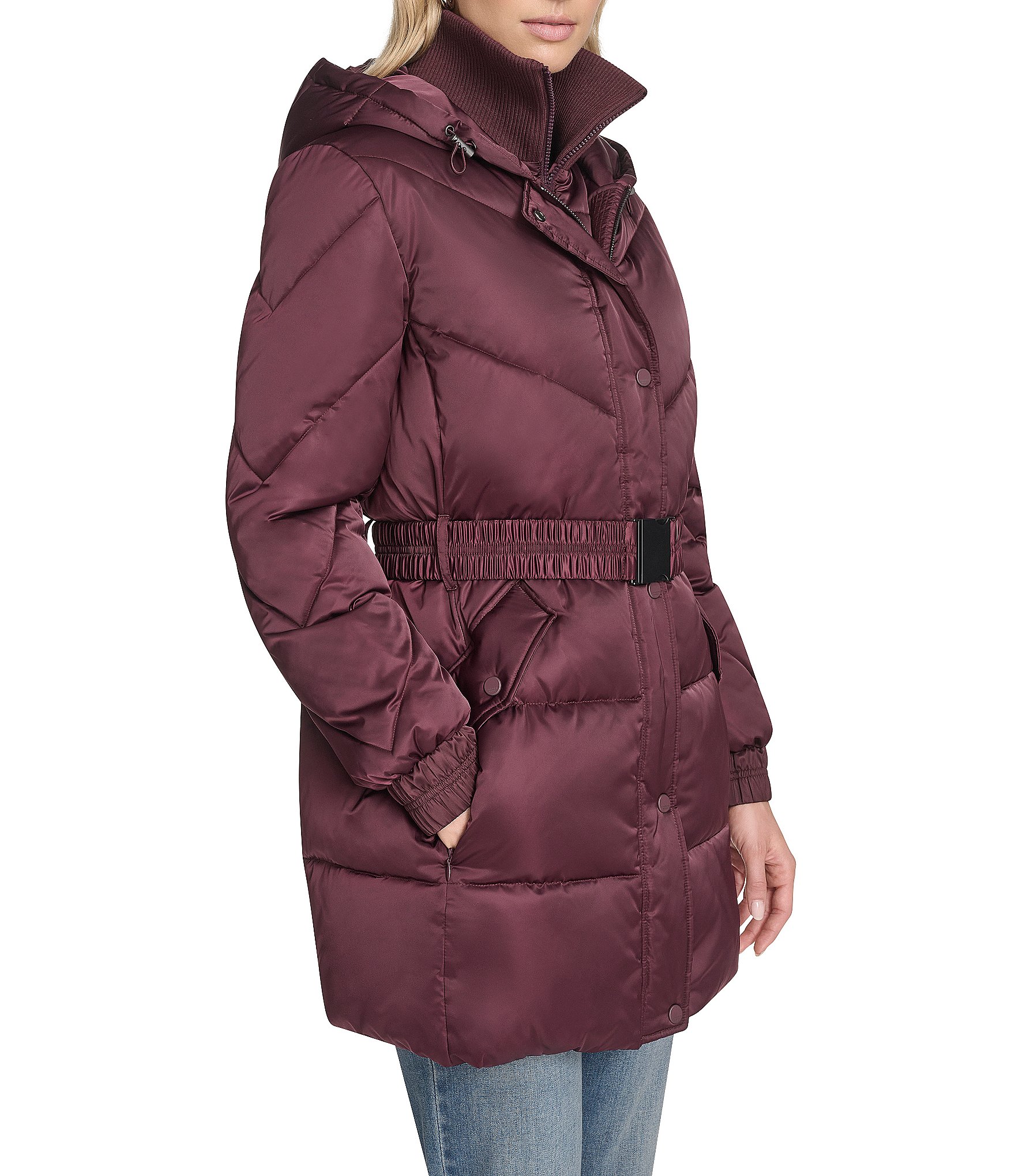 Andrew Marc Sport Mallee High Shine Satin Stand Collar Belted Faux down Parka Coat