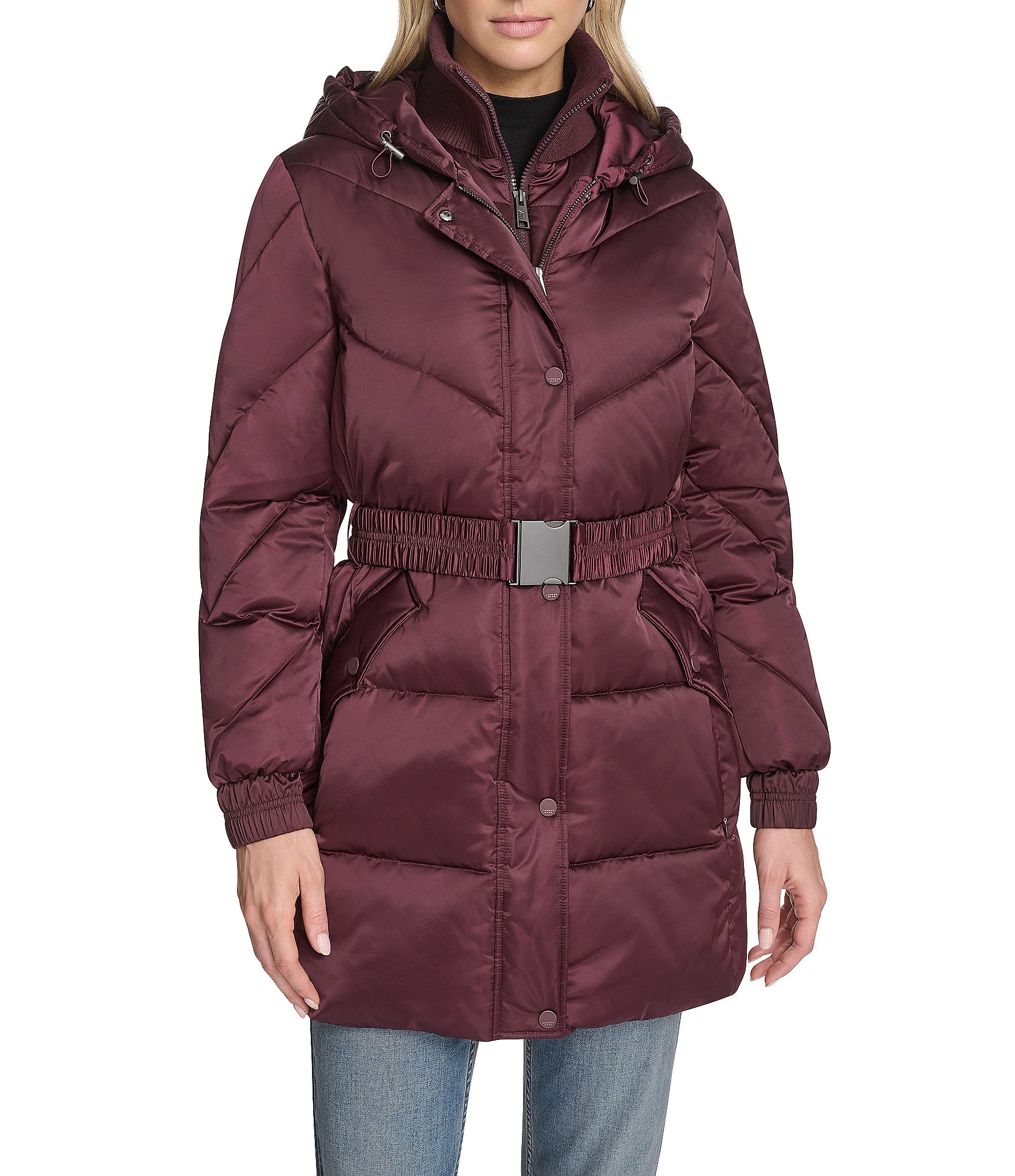 Andrew Marc Sport Mallee High Shine Satin Stand Collar Belted Faux down Parka Coat