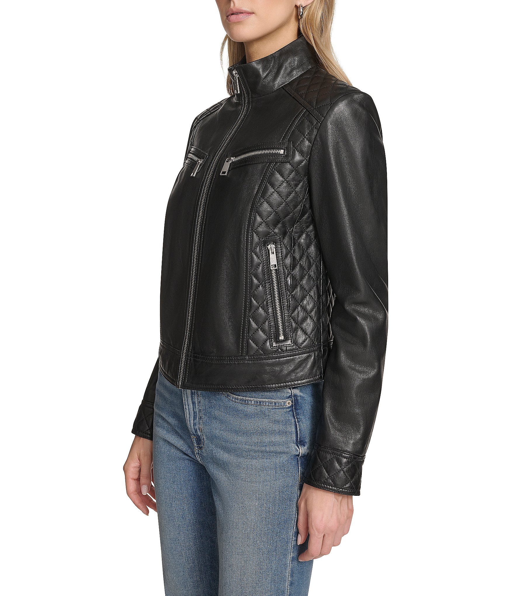 Andrew Marc Sport Mikel Racer Stand Collar Zip Front Leather Jacket