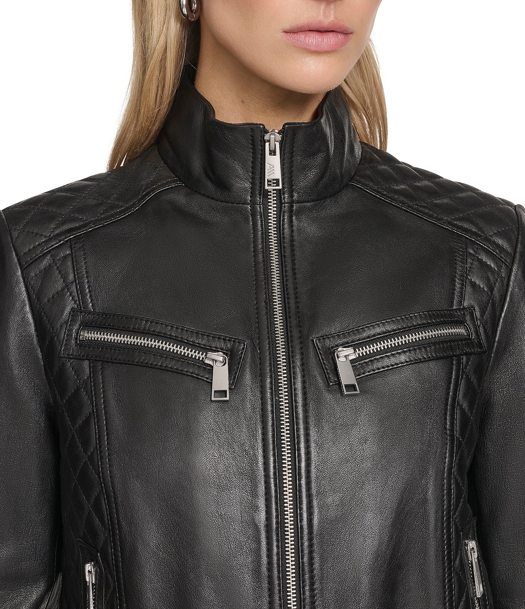Andrew Marc Sport Mikel Racer Stand Collar Zip Front Leather Jacket