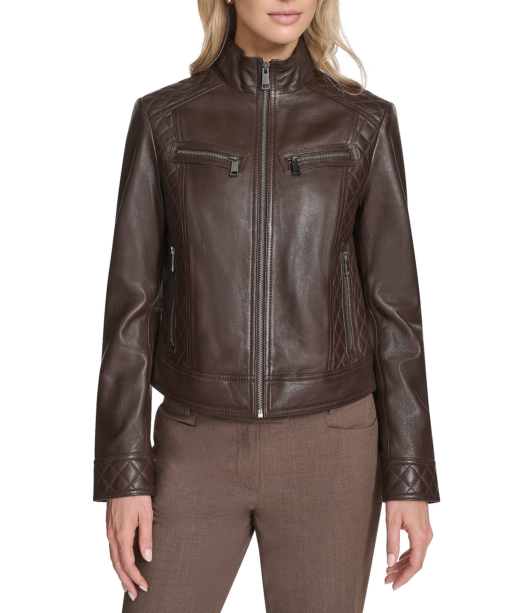 Andrew Marc Sport Mikel Racer Stand Collar Zip Front Leather Jacket