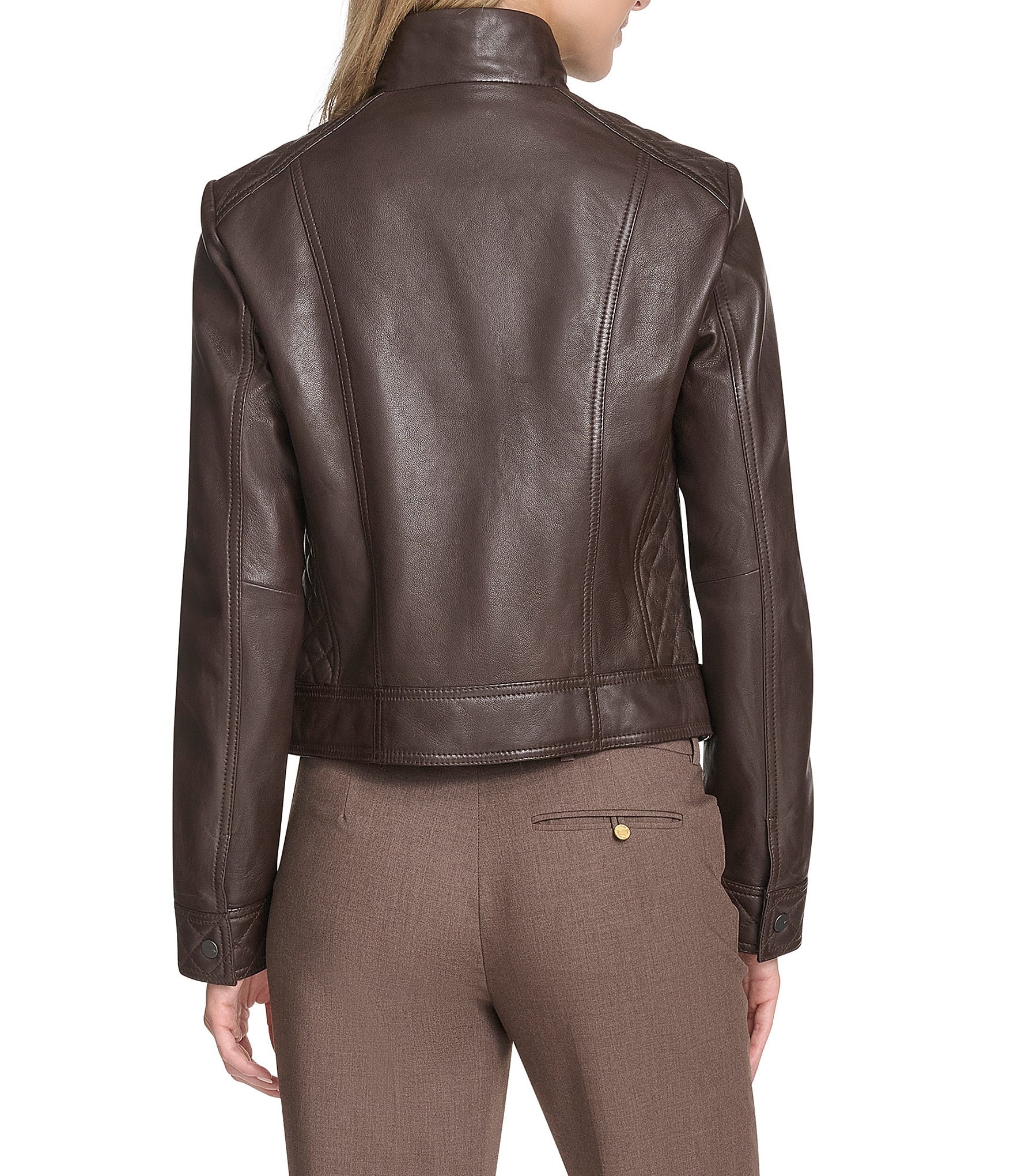 Andrew Marc Sport Mikel Racer Stand Collar Zip Front Leather Jacket