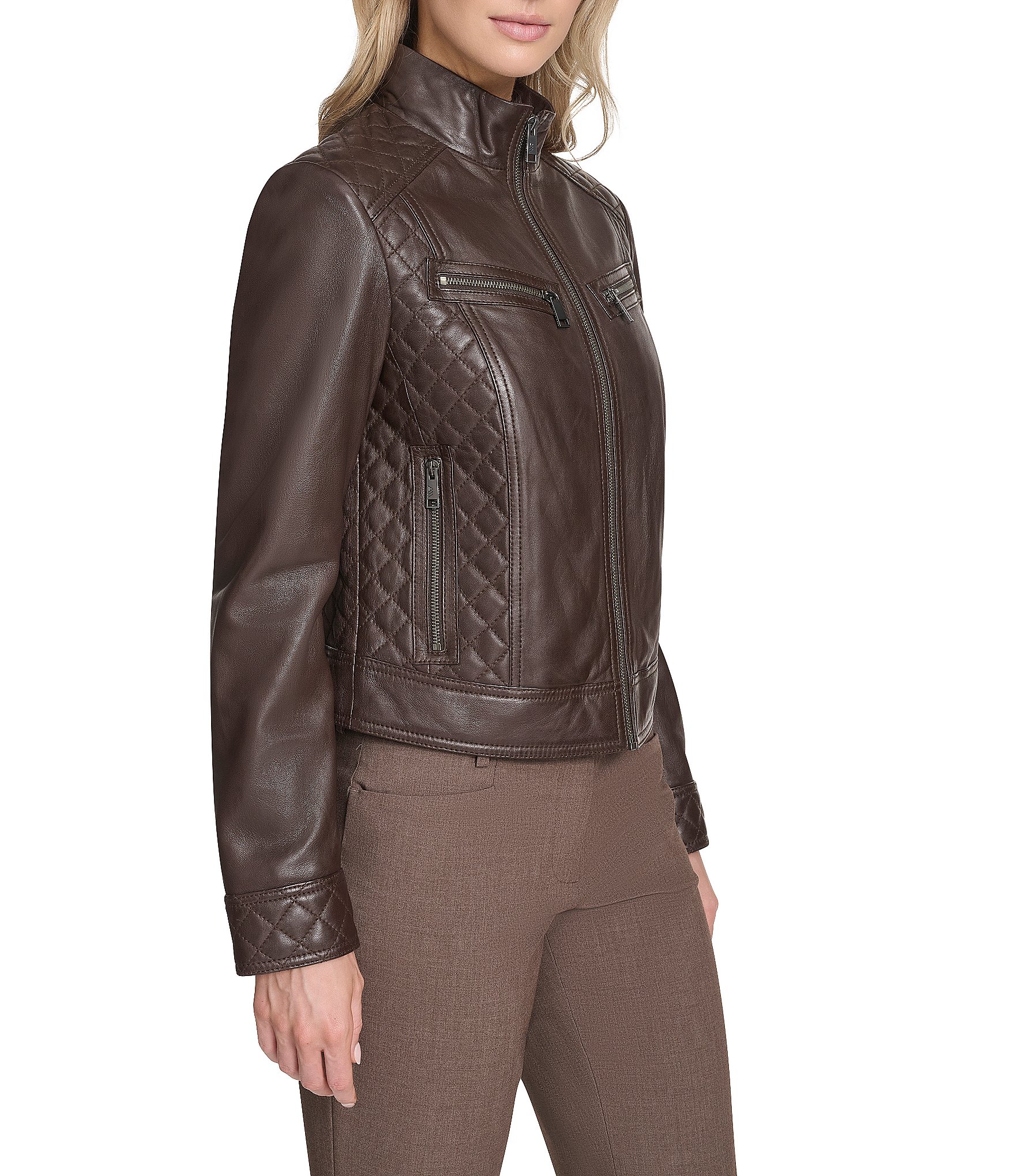 Andrew Marc Sport Mikel Racer Stand Collar Zip Front Leather Jacket