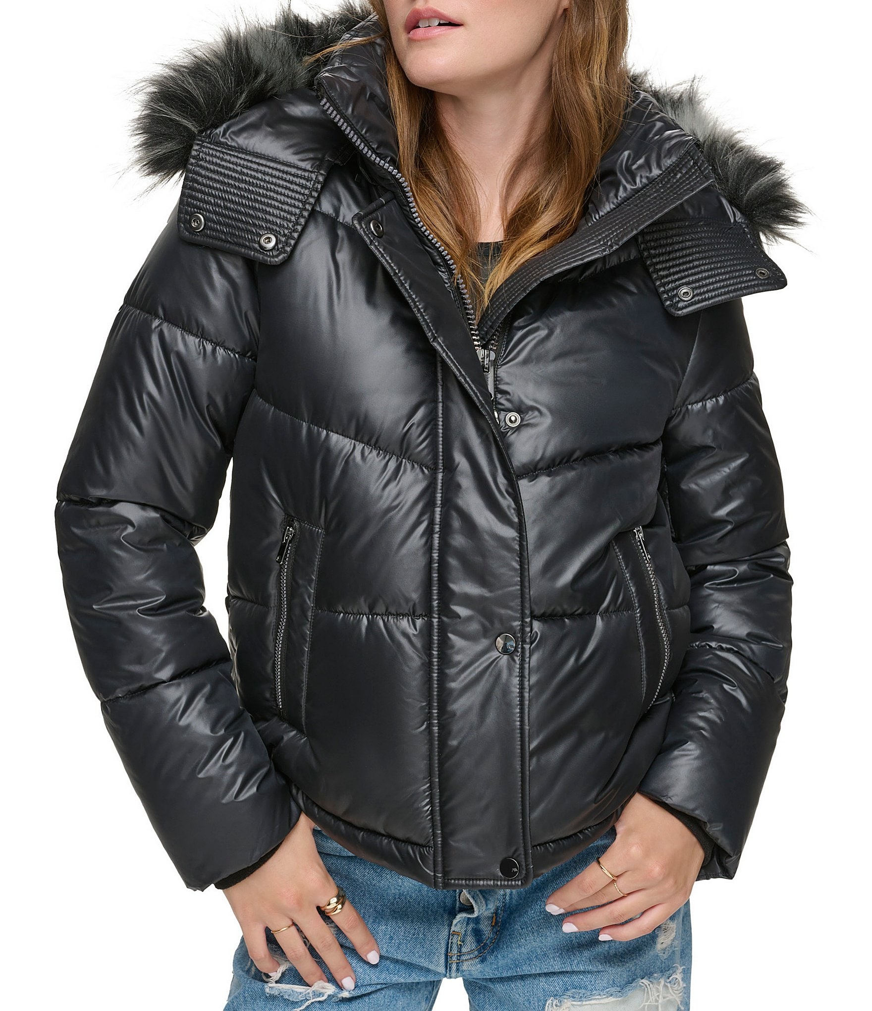 Andrew Marc Sport Minna Chevron Quilted Stand Collar Hooded Faux Fur ...