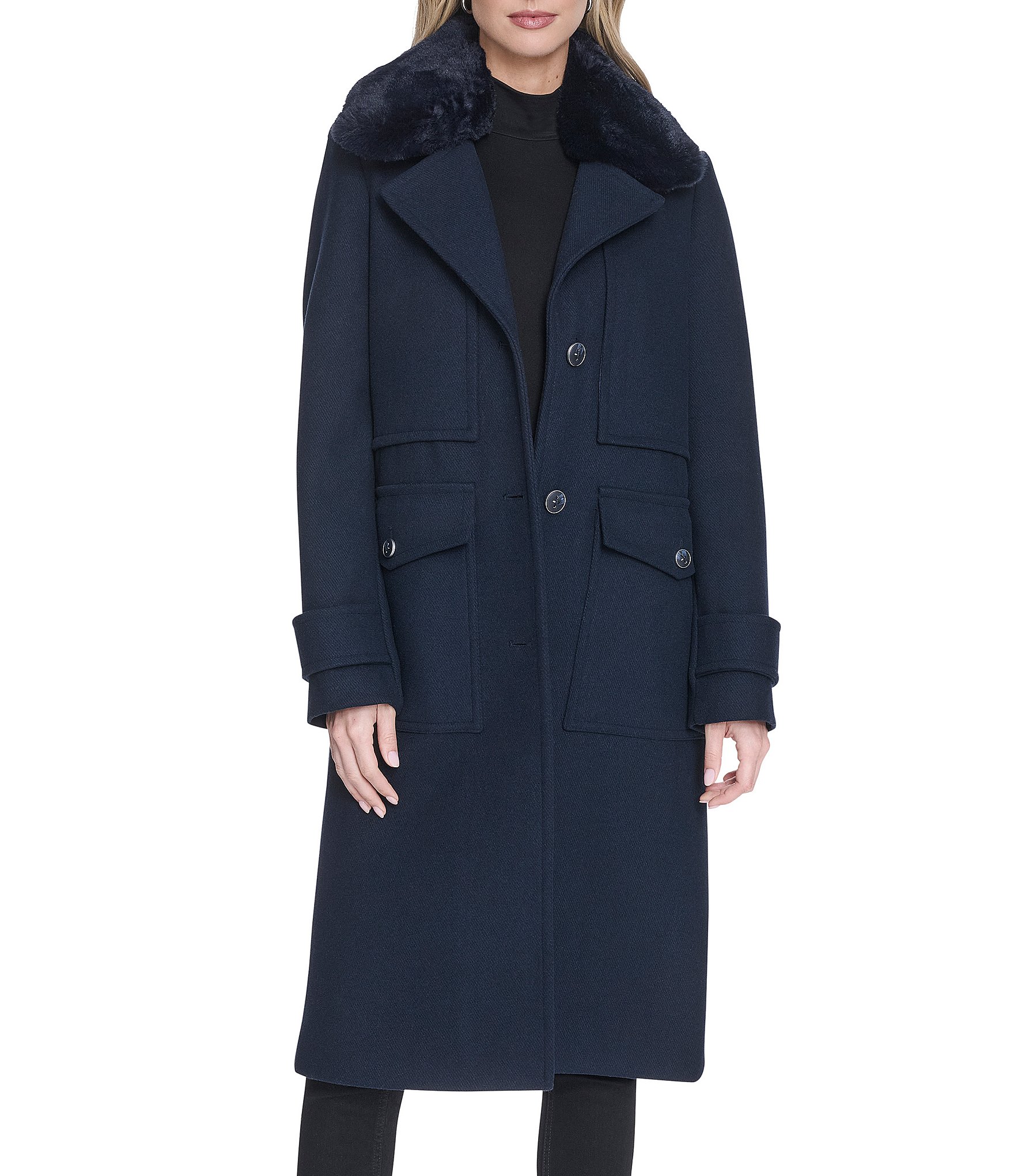 Andrew Marc Sport Olpae Military Inspired Removable Faux Fur Collar Wool Blend Trench Coat