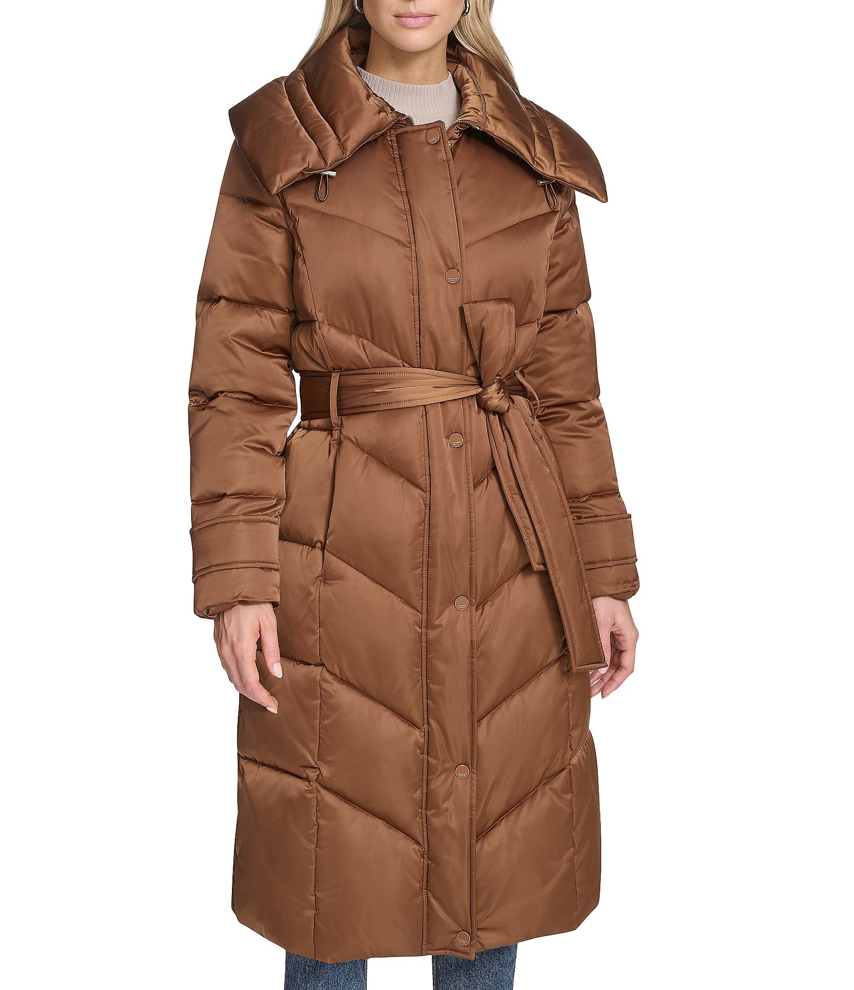 Andrew Marc Sport Palmer High Shine Satin Mix Pattern Oversize Collar Belted Water Resistant Puffer Coat