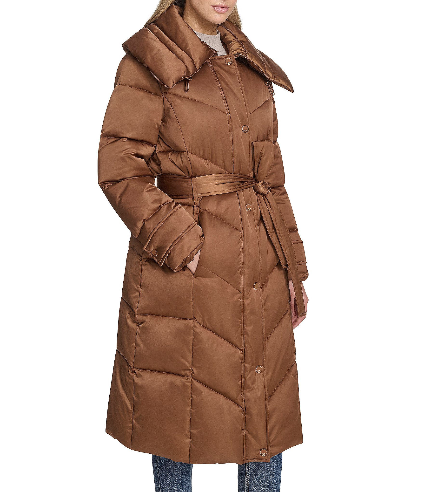 Andrew Marc Sport Palmer High Shine Satin Mix Pattern Oversize Collar Belted Water Resistant Puffer Coat