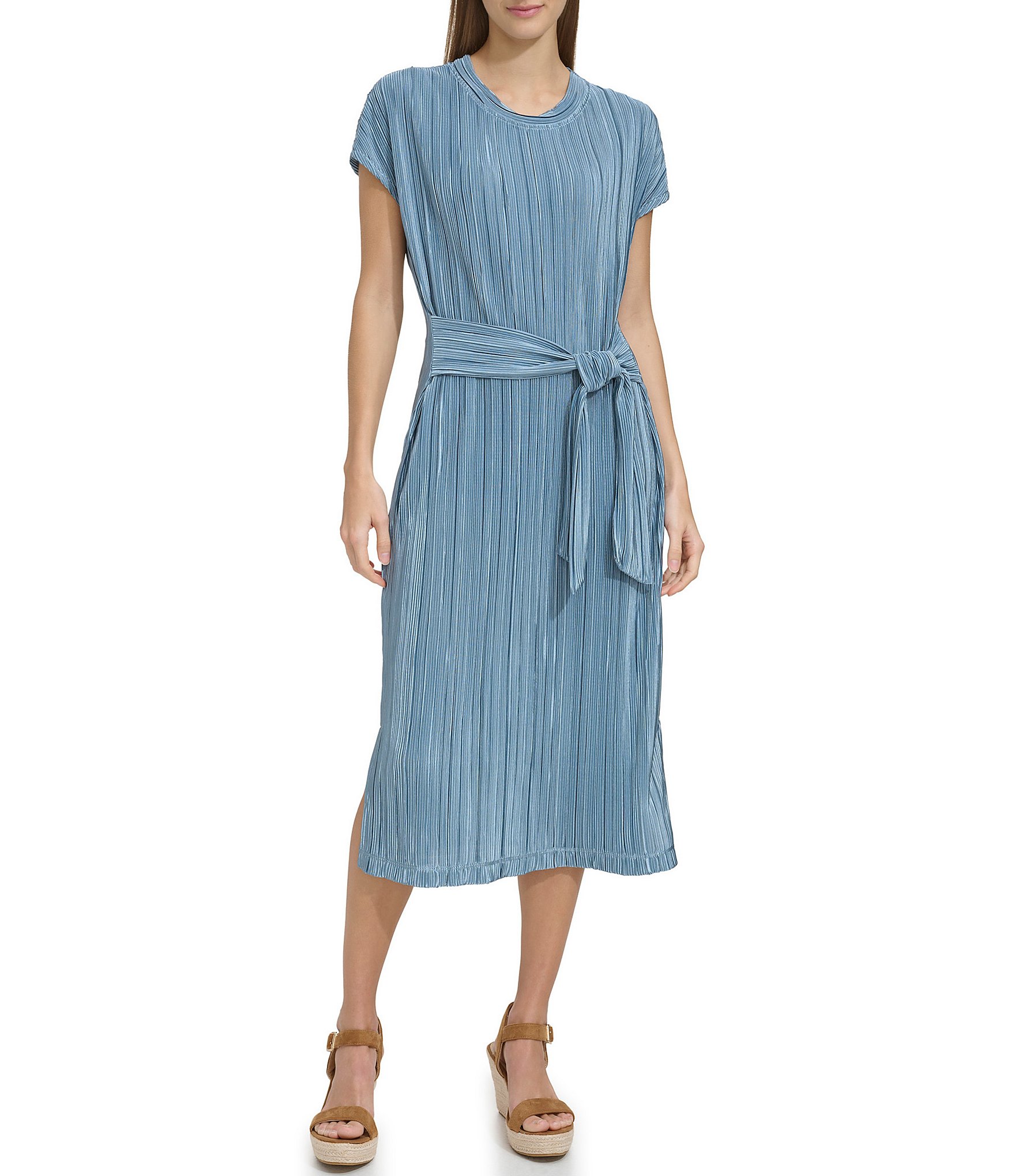 Andrew Marc Sport Pleated Plisse Short Sleeve Tie Front Midi Dress