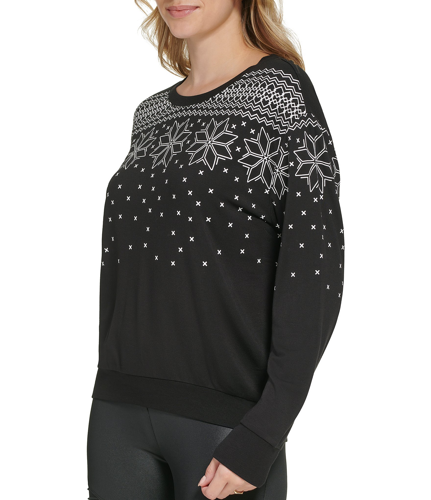 Andrew Marc Sport Snowflake Print Fair Isle Crew Neck Long Sleeve Pullover Top