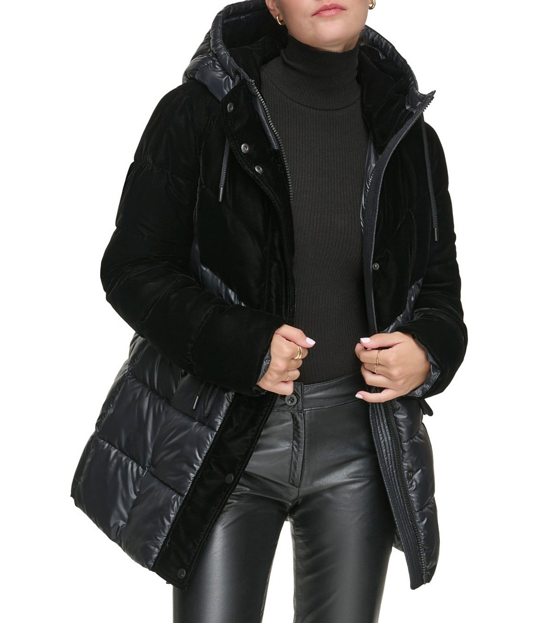 Andrew Marc Velvet Panel Hooded Puffer Jacket Black