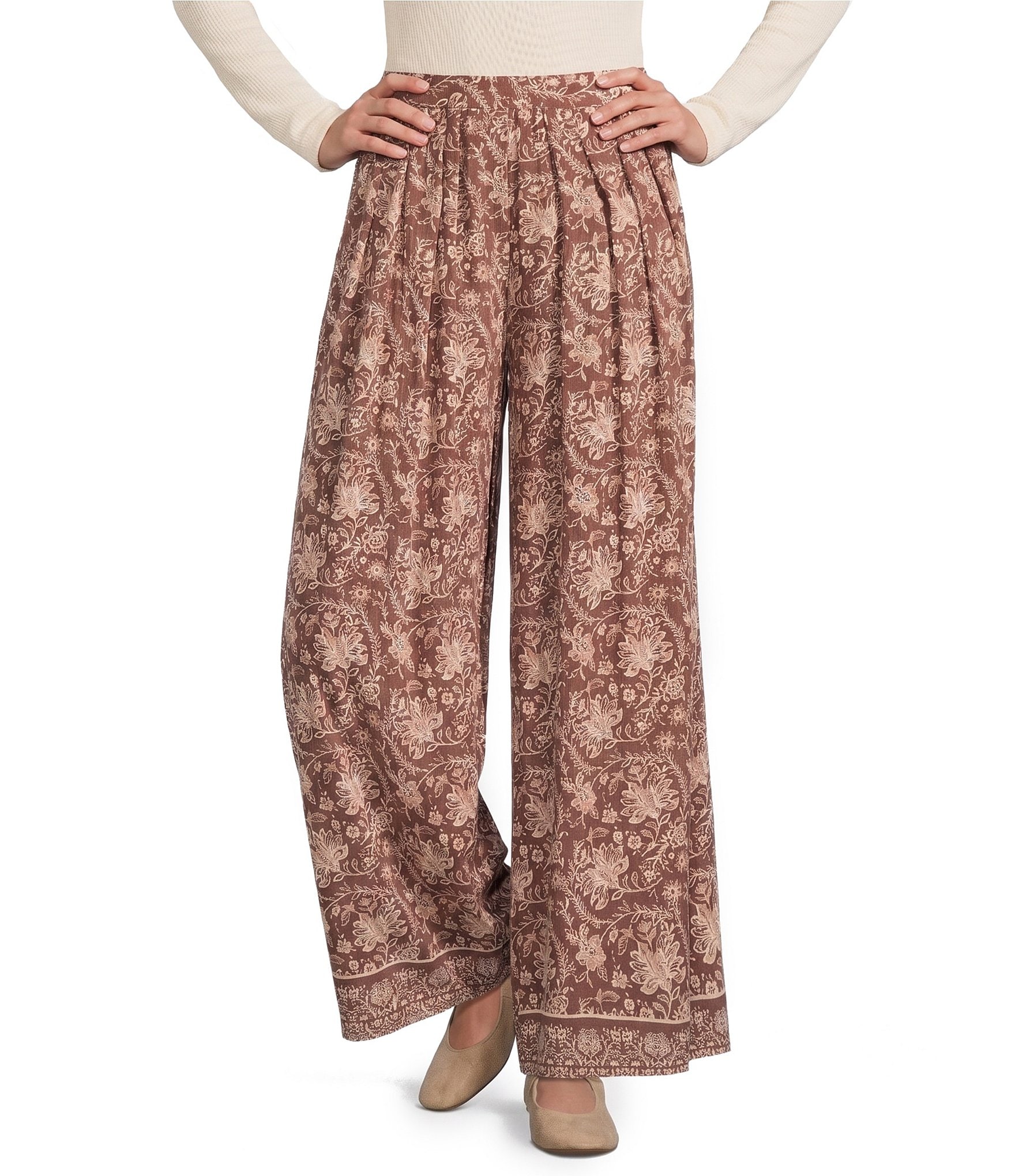Angie Boarder Print Mid Rise Pull-on Straight Leg Pleated Front Pants