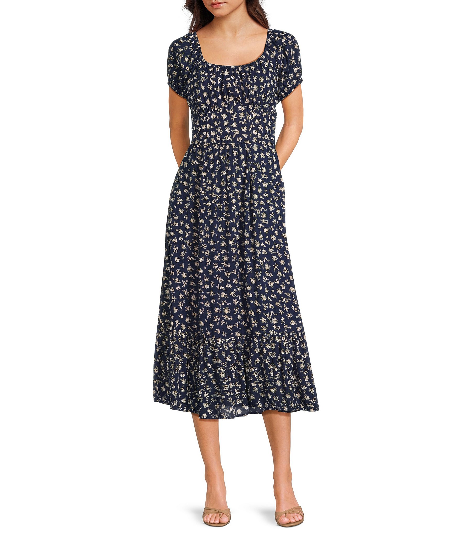 Angie Ditsy Floral Print Scoop Neck Short Puff Sleeve Ruffle Hem Midi Dress