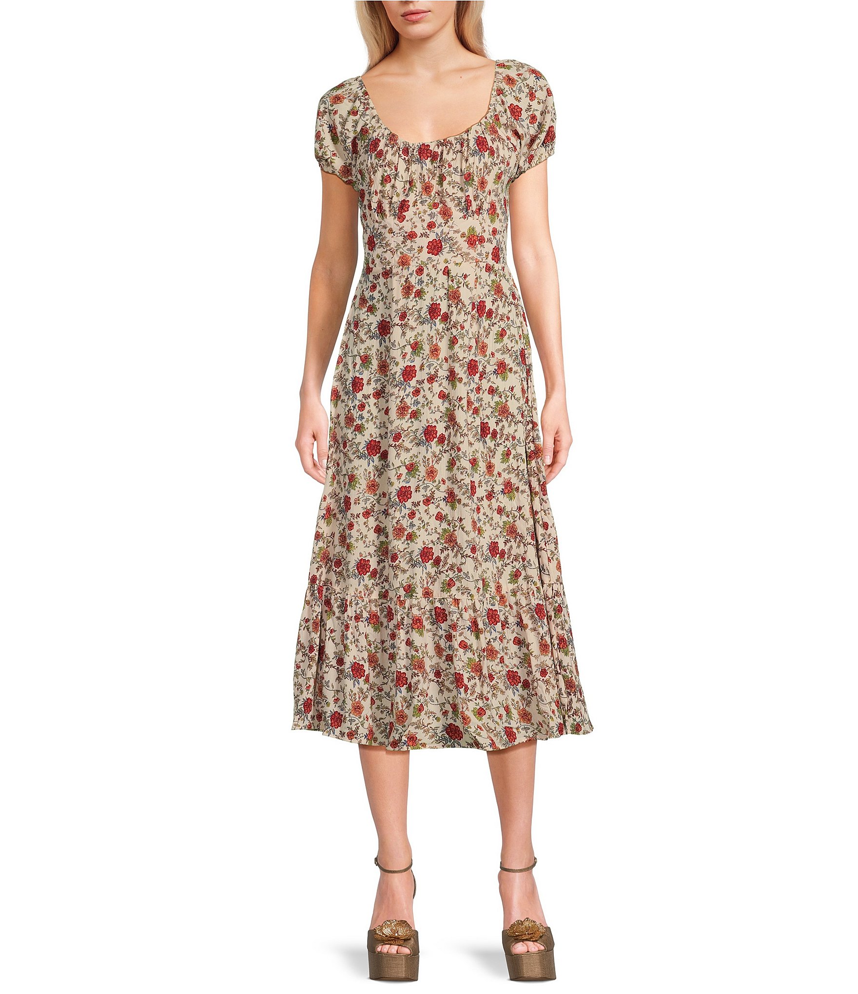 Angie Floral U-Neck Short Sleeve Empire Midi Dress | Dillard's