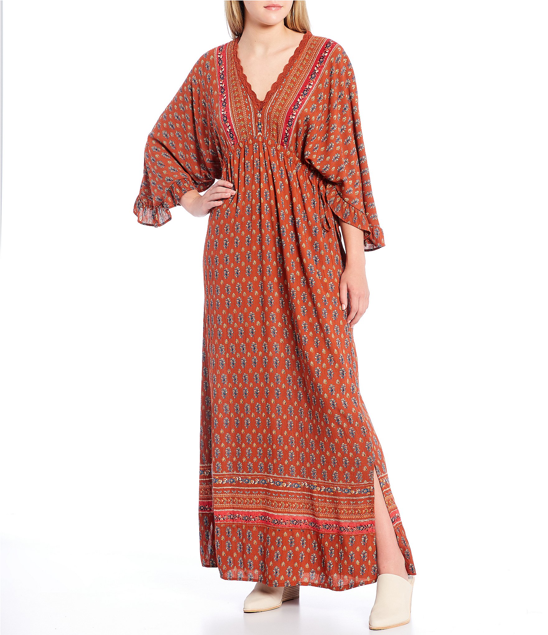 Angie Kimono Printed Elbow Ruffle Sleeve Lace Trim Maxi Dress | Dillard's