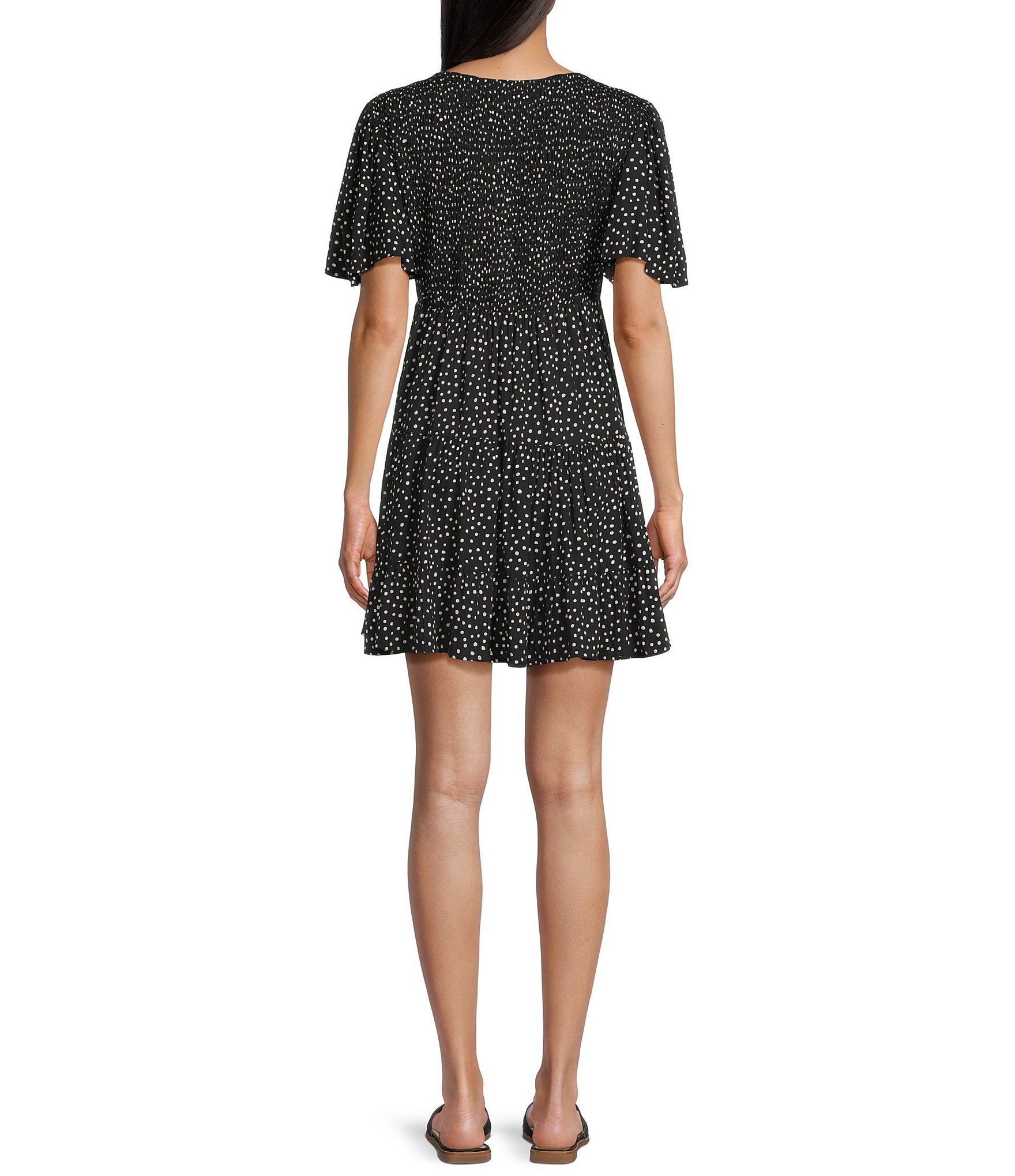 Angie Polka-Dot Print V-Neck Short Sleeve Tiered Dress