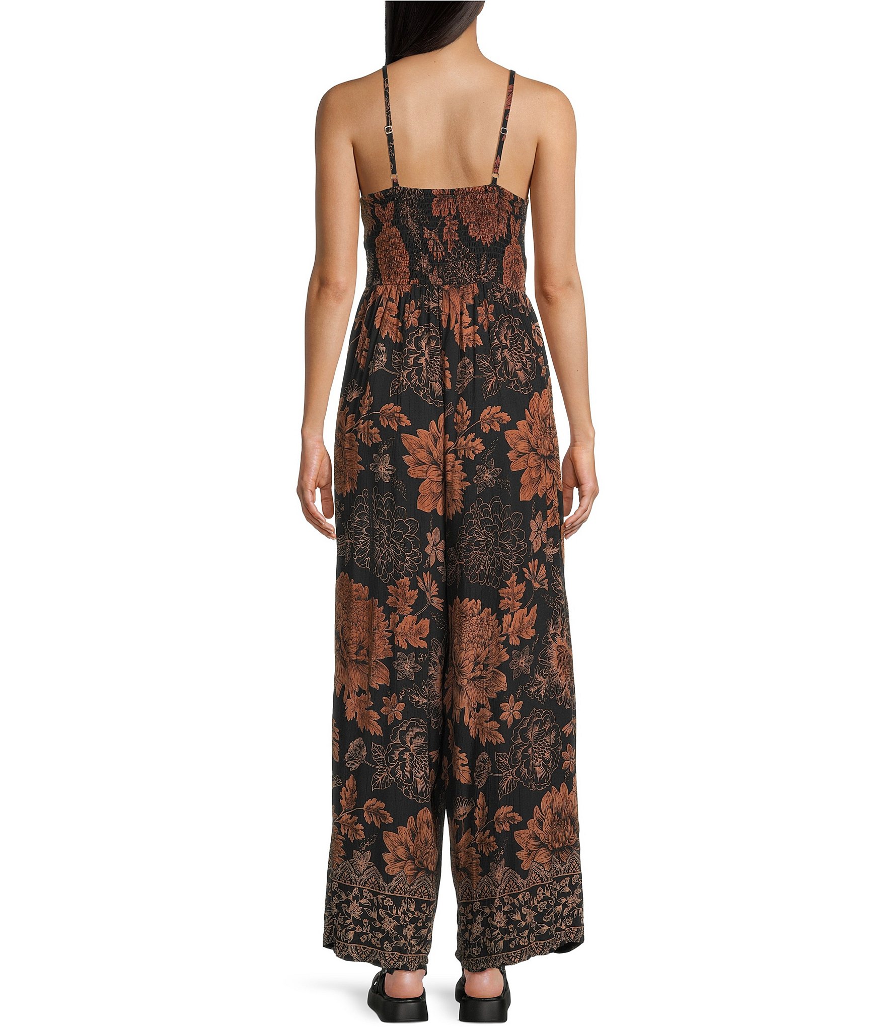 Angie Sleeveless Large Floral/Border Print Keyhole Knot Front Wide Leg Jumpsuit