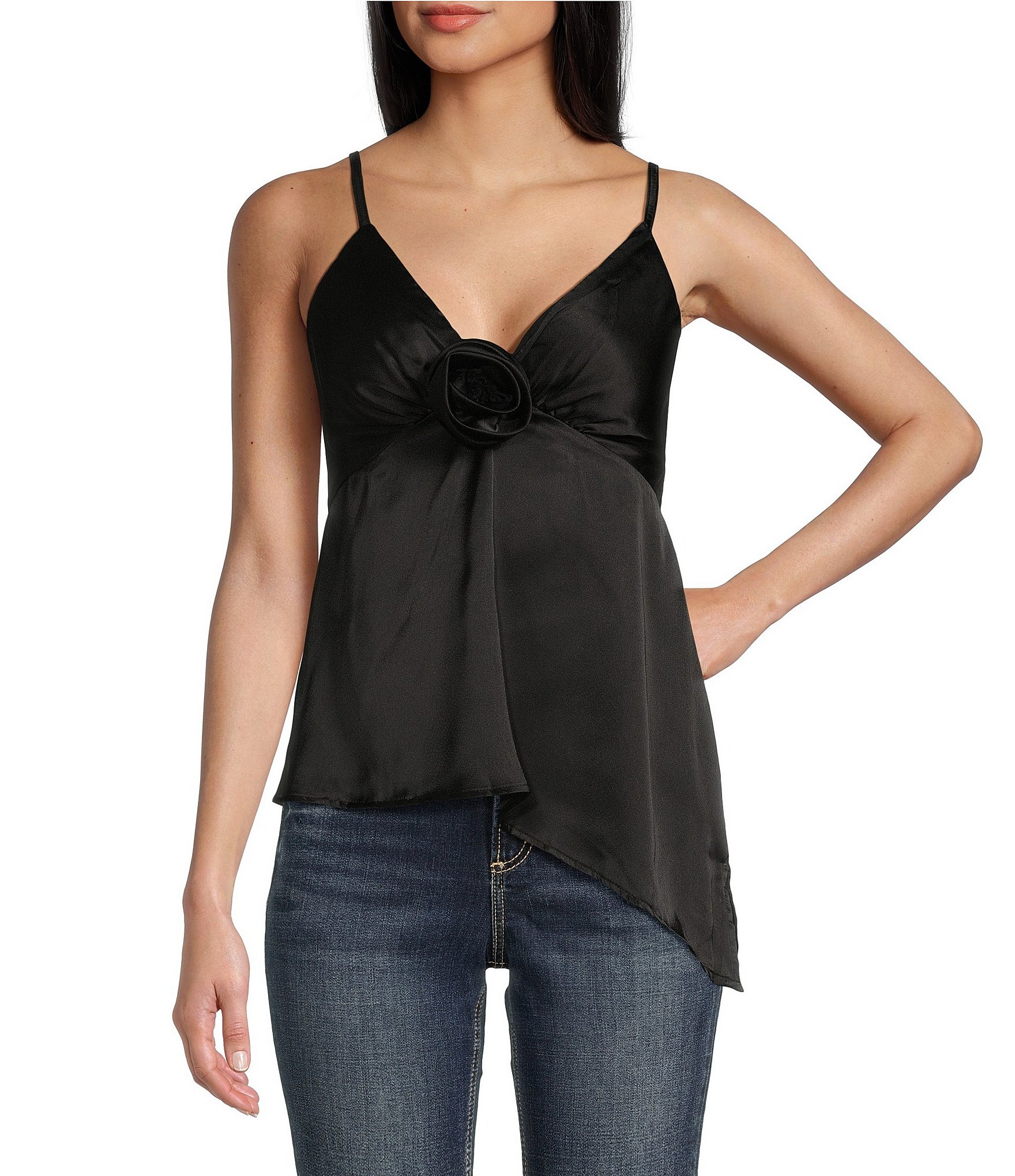 Angie Sleeveless Satin Rosette Trim Tank Top