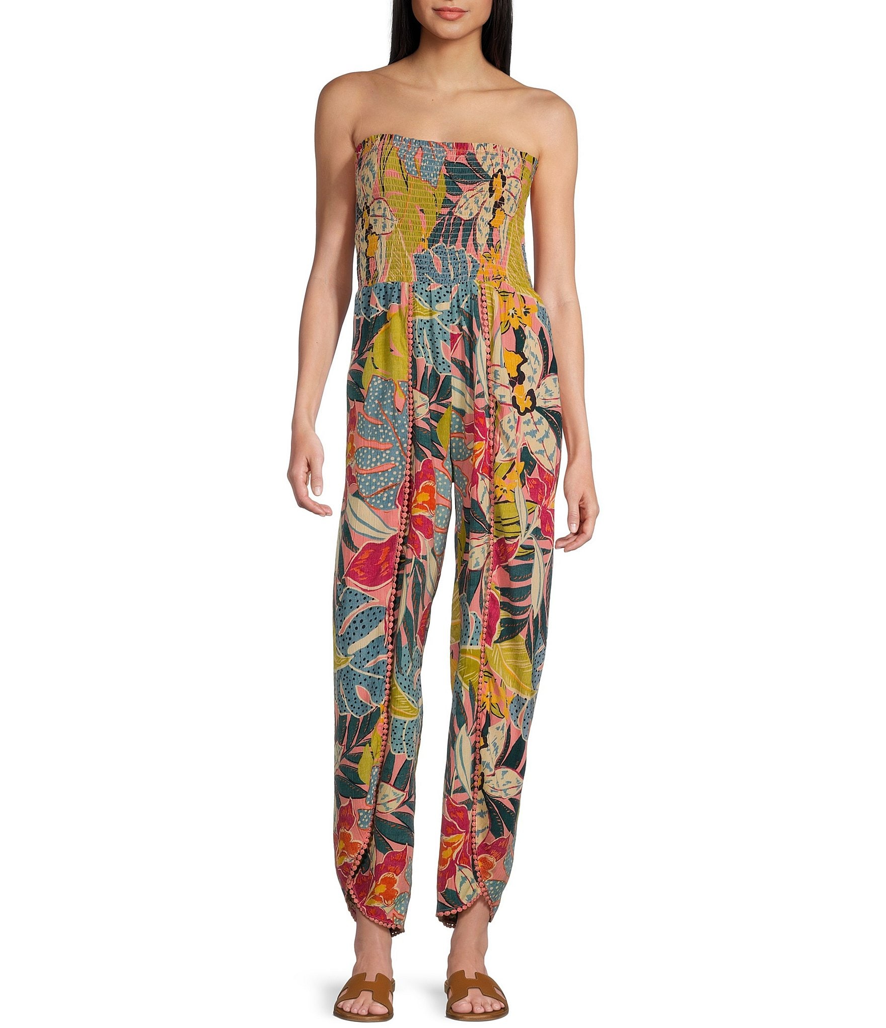 Angie Smocked Strapless Split Tropical Floral Jumpsuit