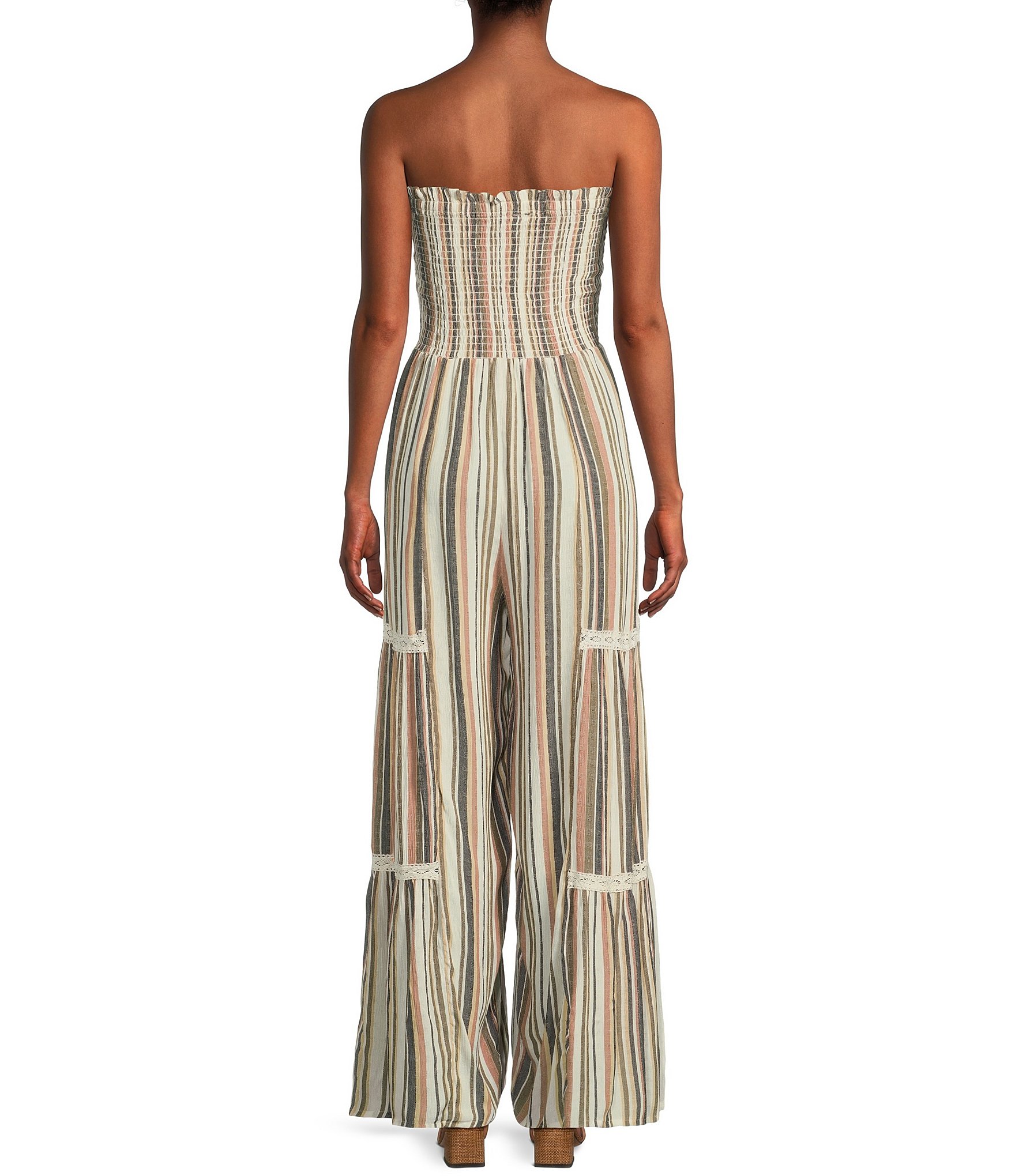 Angie Strapless Smocked Tube Crochet Trim Stripe Jumpsuit