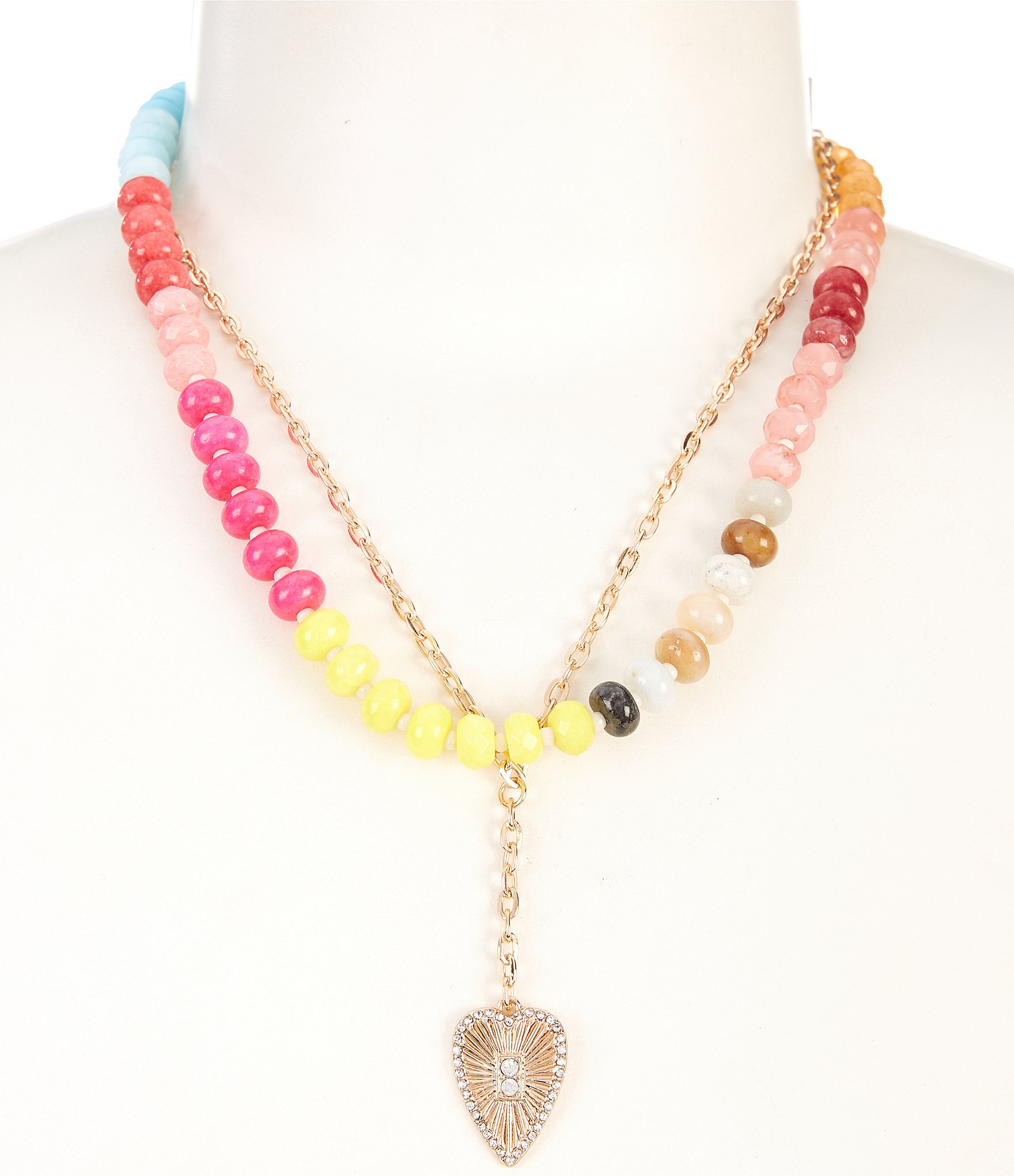 Anna & Ava Semi Precious Heart Pendant Rhinestone Short Multi Strand Necklace