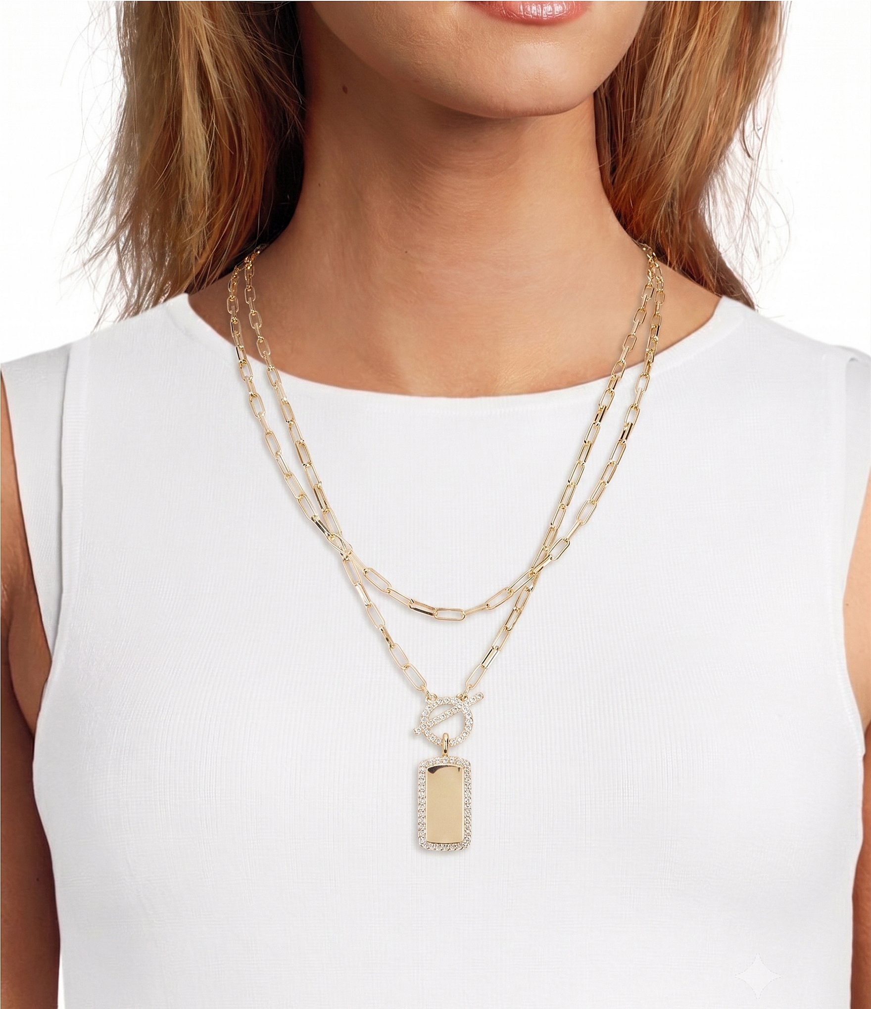 Anna & Ava Waterproof Tag & Rhinetone Delicate Short Multi-Strand Chain Necklace