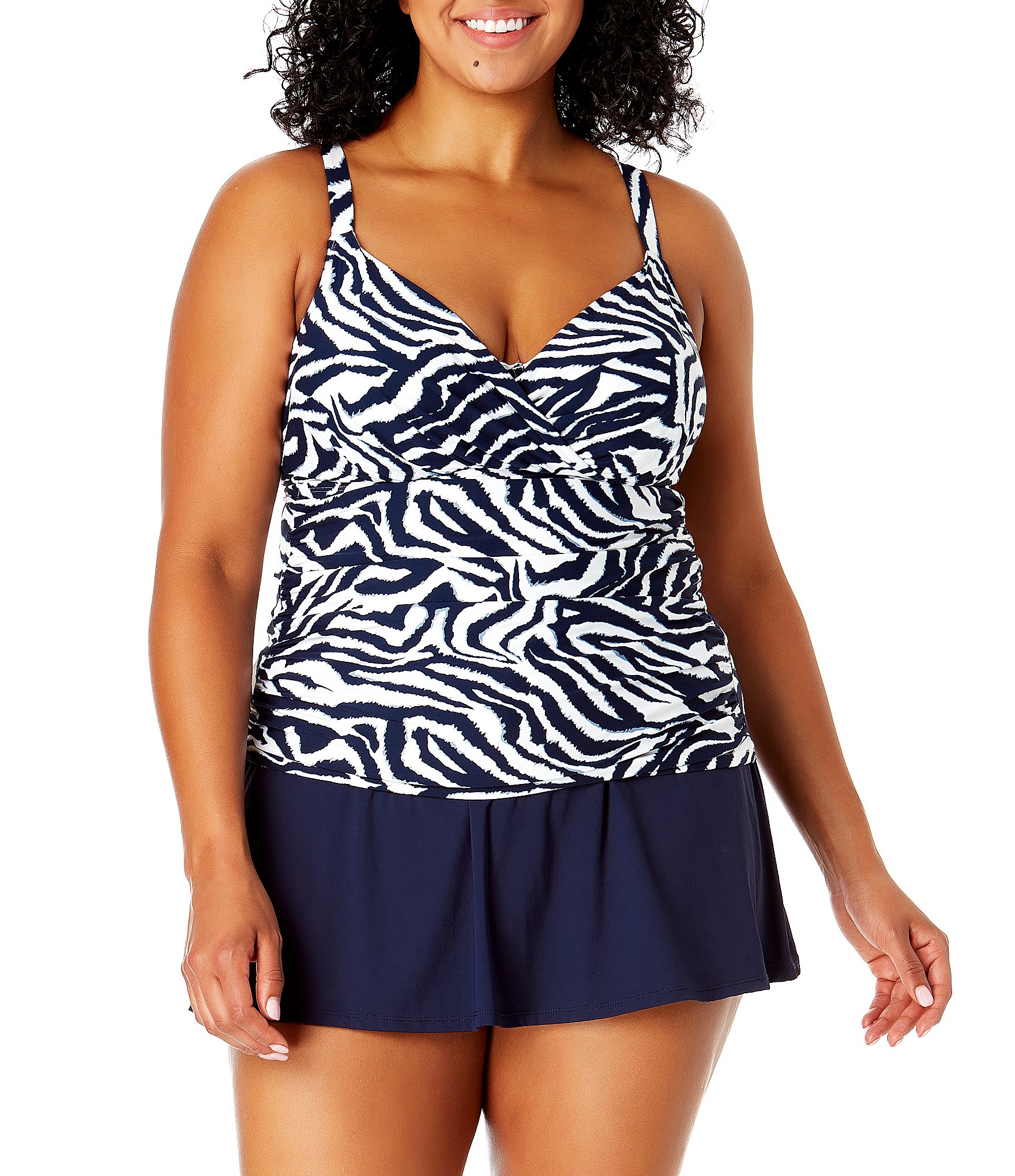 Anne Cole Plus Size Zebra Shadow Surplice V Neck Tankini Swim Top And Solid High Waist Skort Swim