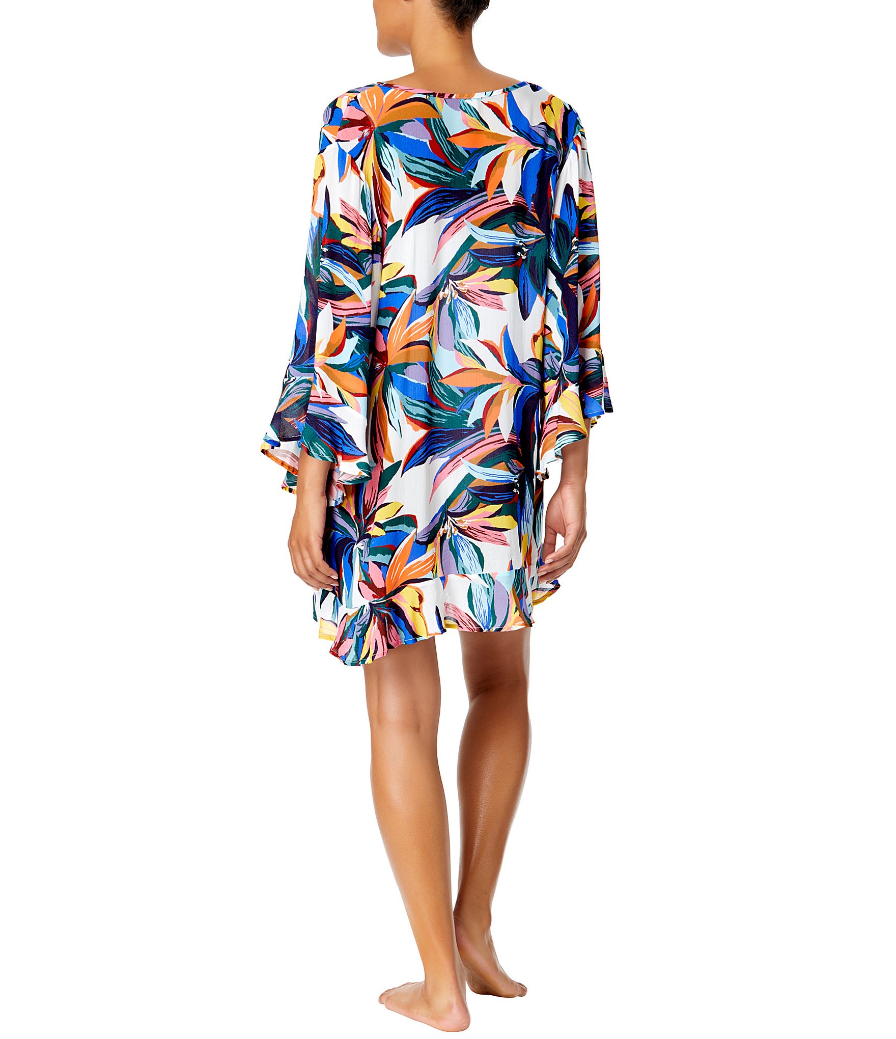 Anne Cole Riviera Floral V-Neck Bell Sleeves Flounce Tunic Swim Cover-Up