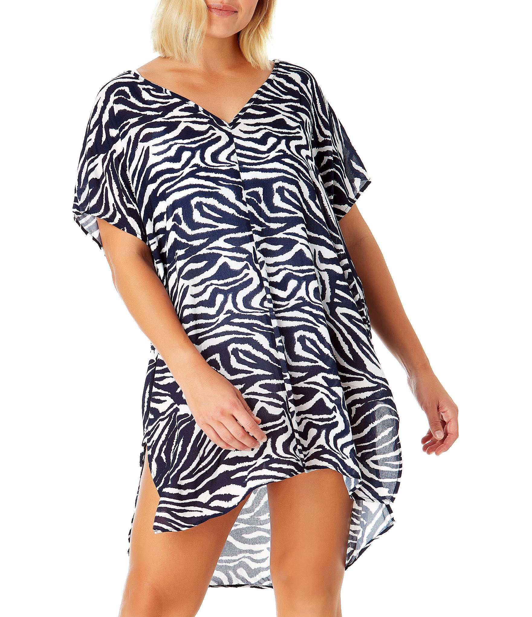 Anne Cole Zebra Shadow V Neck Cap Sleeve Tunic Swim Cover Up Dillards 1222