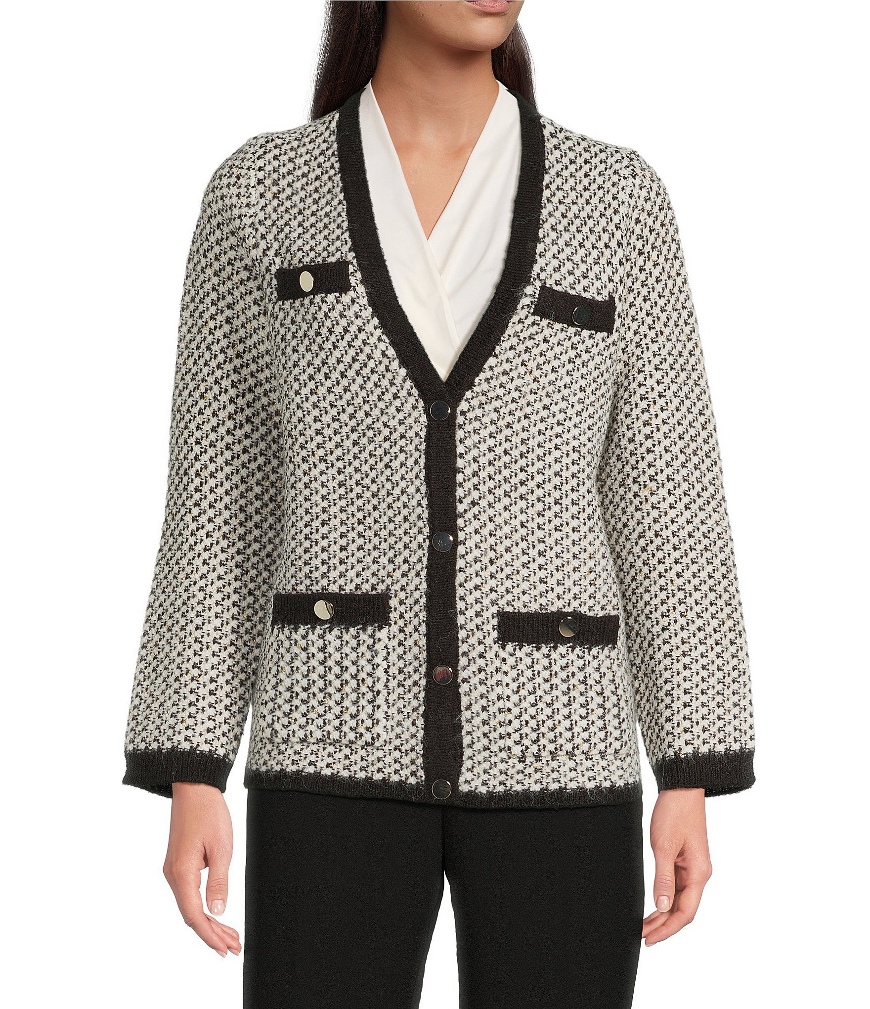 Anne Klein Boucle V-Neck Button Front Cardigan