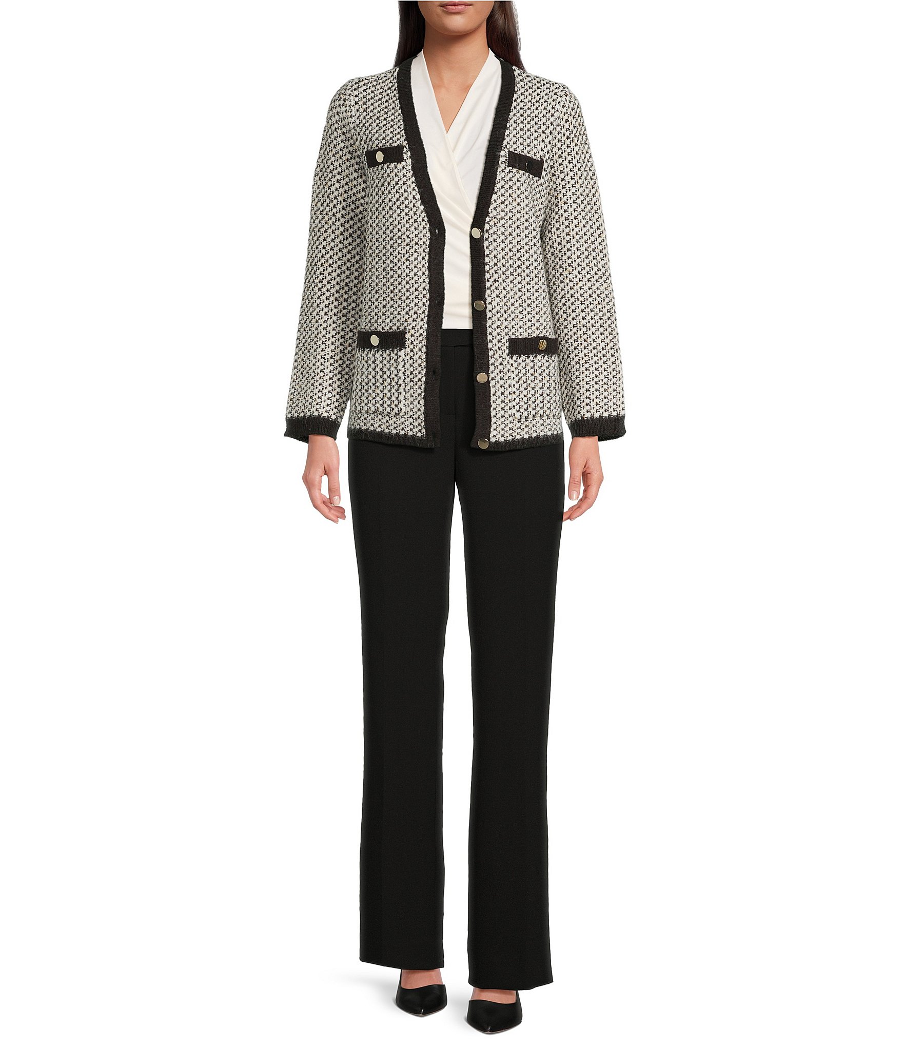 Anne Klein Boucle V-Neck Button Front Cardigan