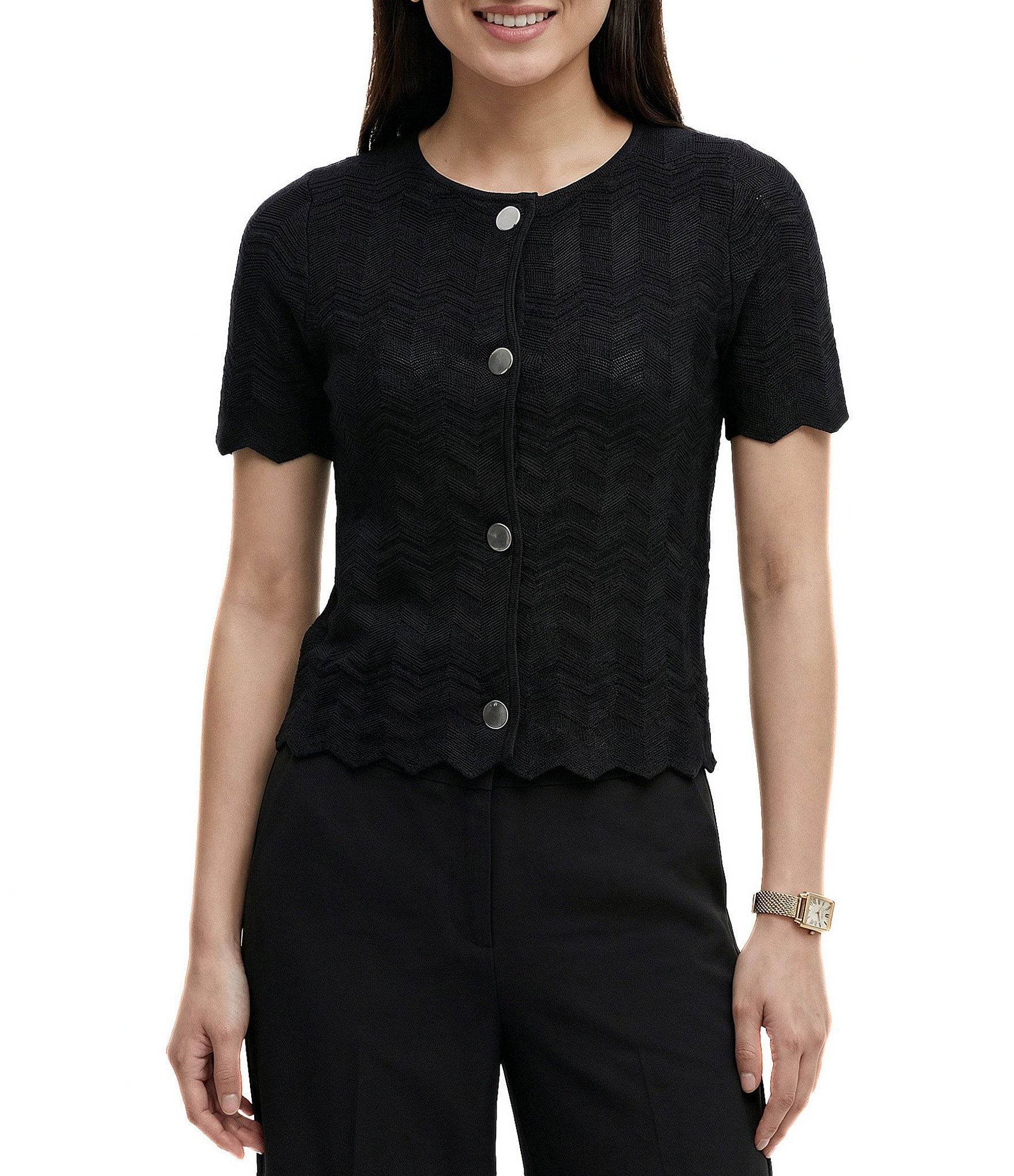 Anne Klein Button Front Short Sleeve Cardigan