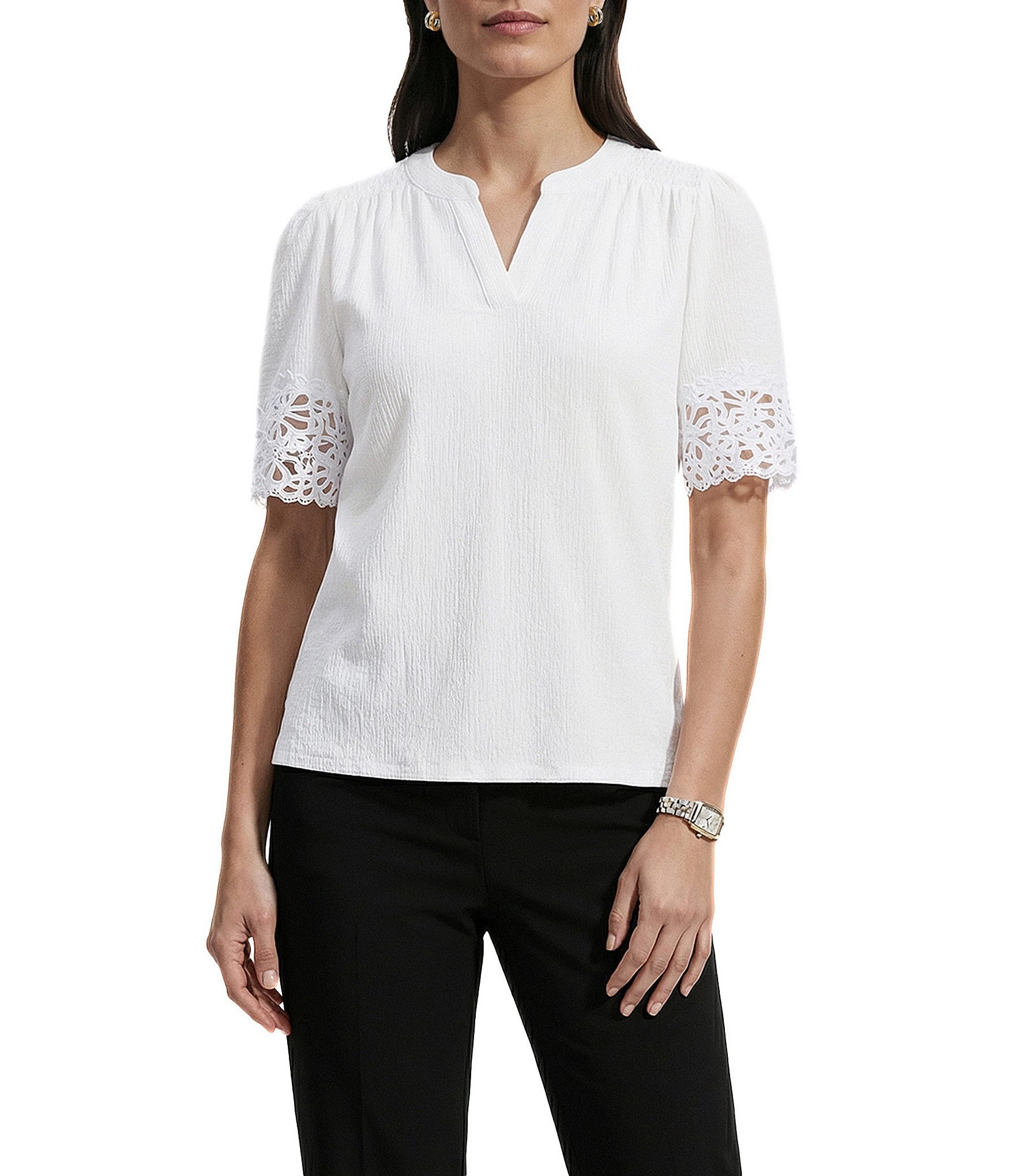 Anne Klein Flutter Sleeve V Neck Blouse With Lace Trim