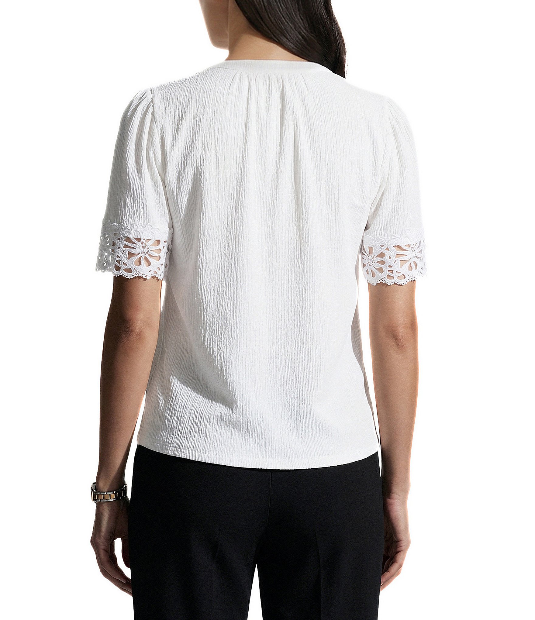 Anne Klein Flutter Sleeve V Neck Blouse With Lace Trim
