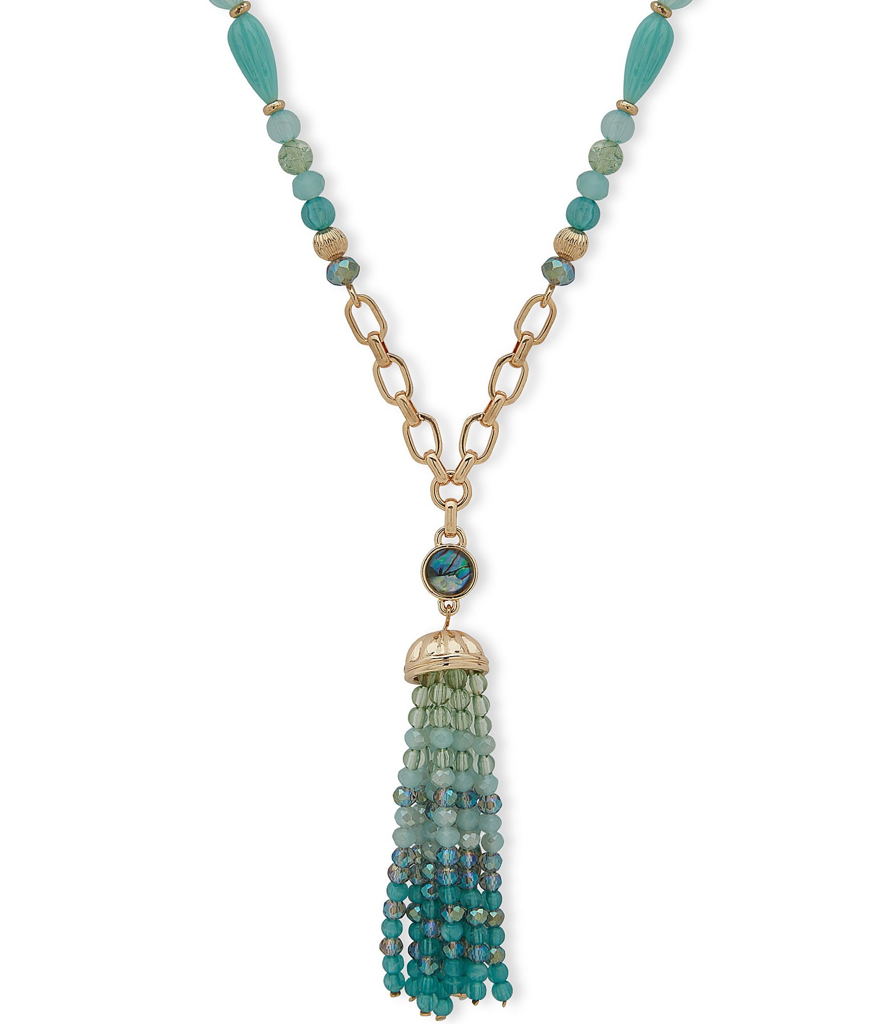 Anne Klein Gold Tone Blue Multi Beaded Tassel Necklace