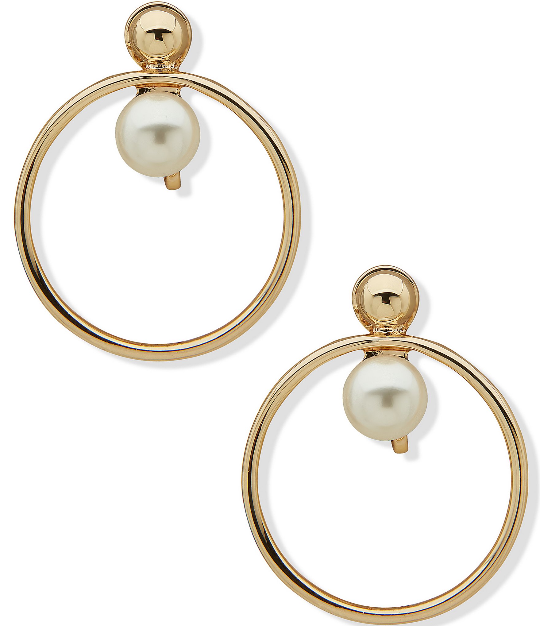 Anne Klein Gold Tone Pearl Clip Hoop Drop Earrings