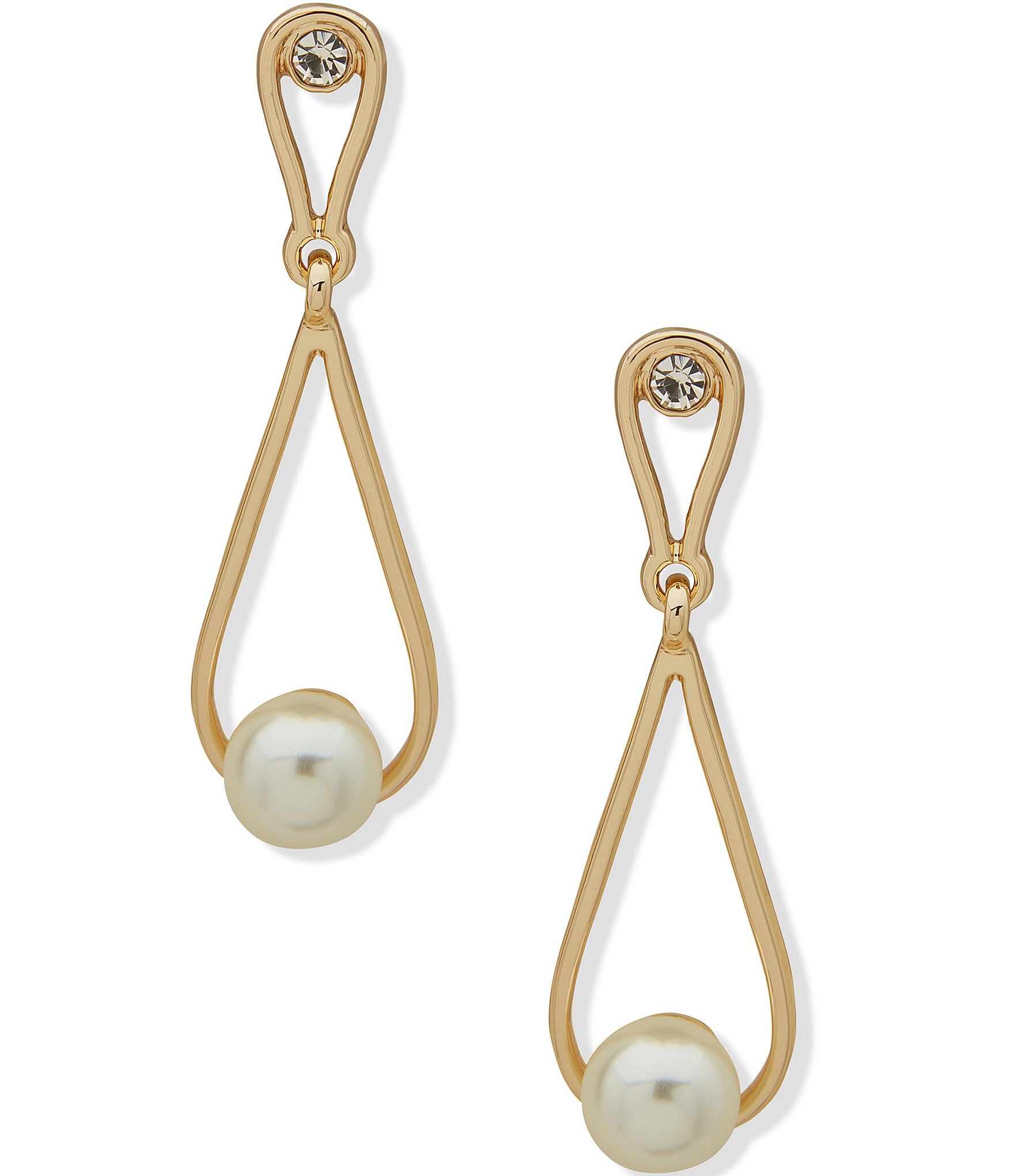 Anne Klein Gold Tone Pearl Crystal Drop Earrings