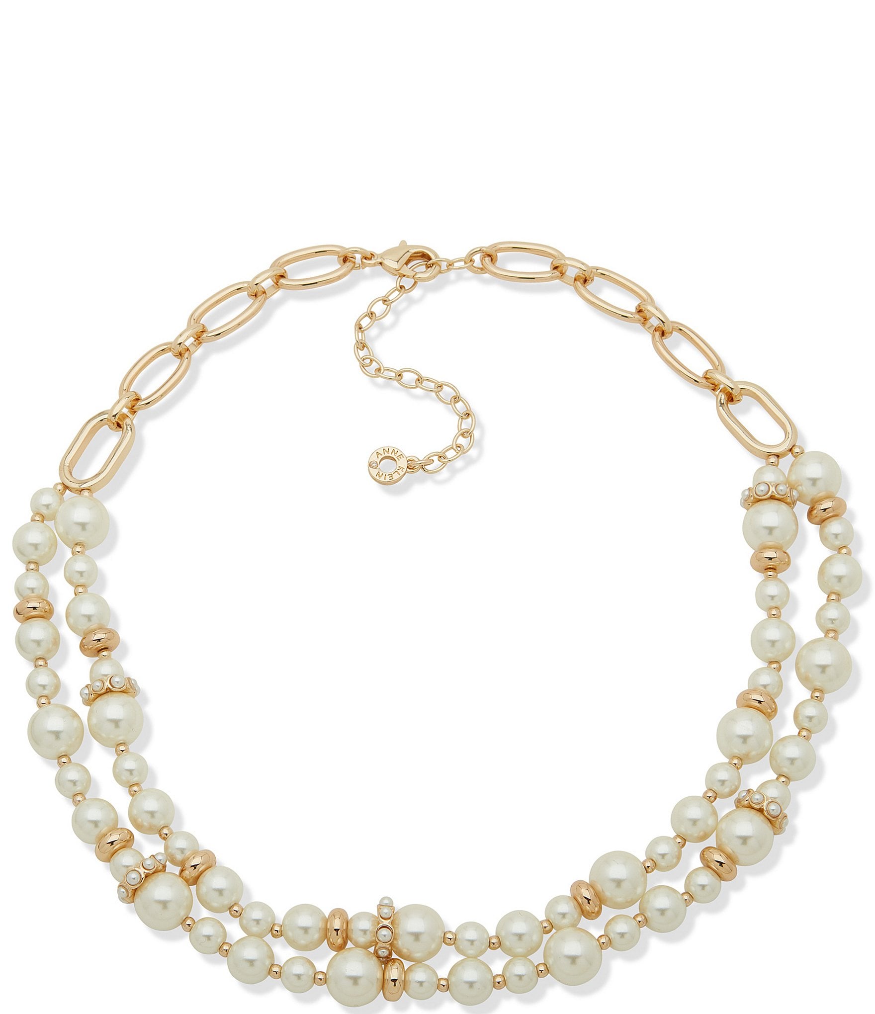 Anne Klein Gold Tone White Pearl 2 Row Rondell Frontal Collar Necklace