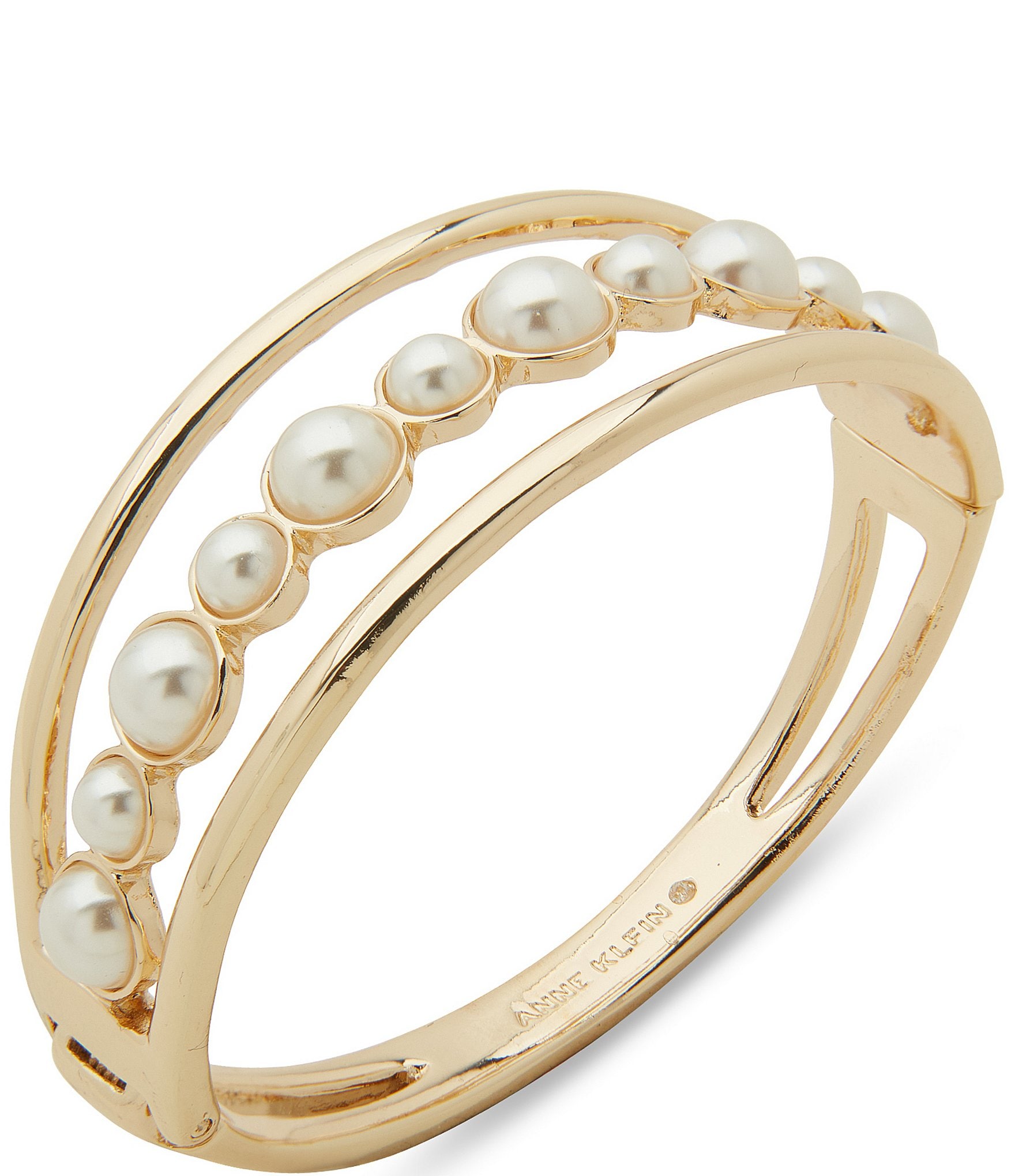 Anne Klein Gold Tone White Pearl Bangle Bracelet