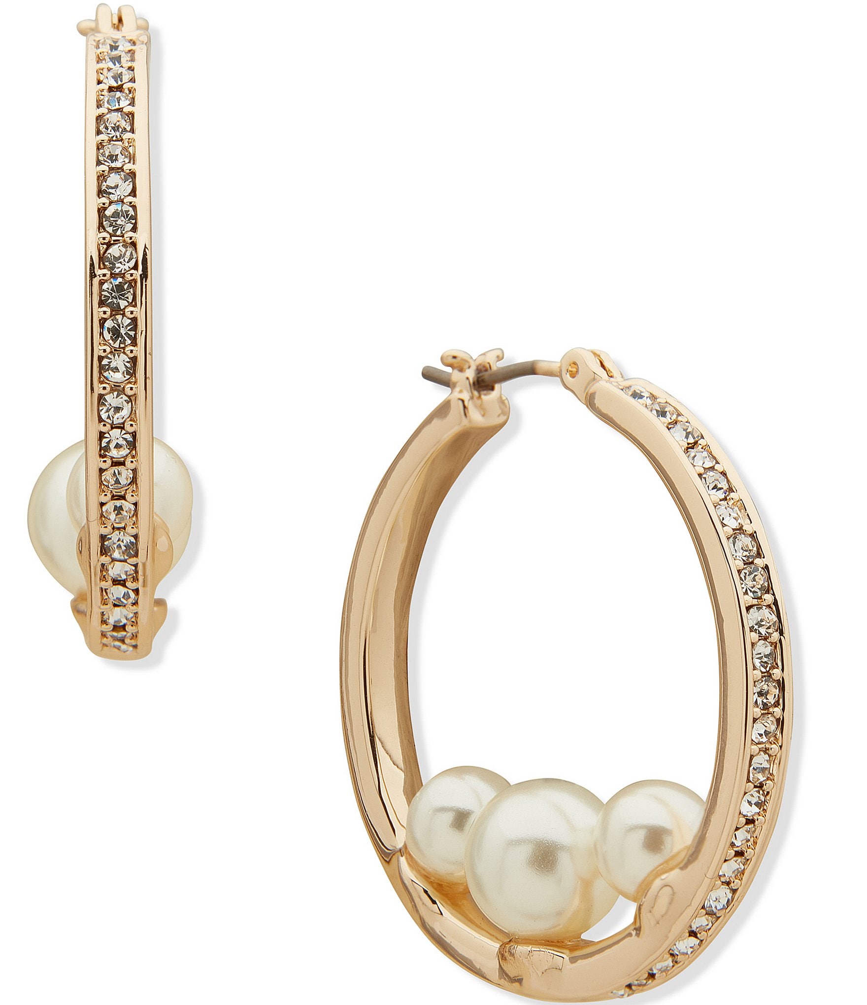 Anne Klein Gold Tone White Pearl Cluster Pave Crystal Hoop Earrings