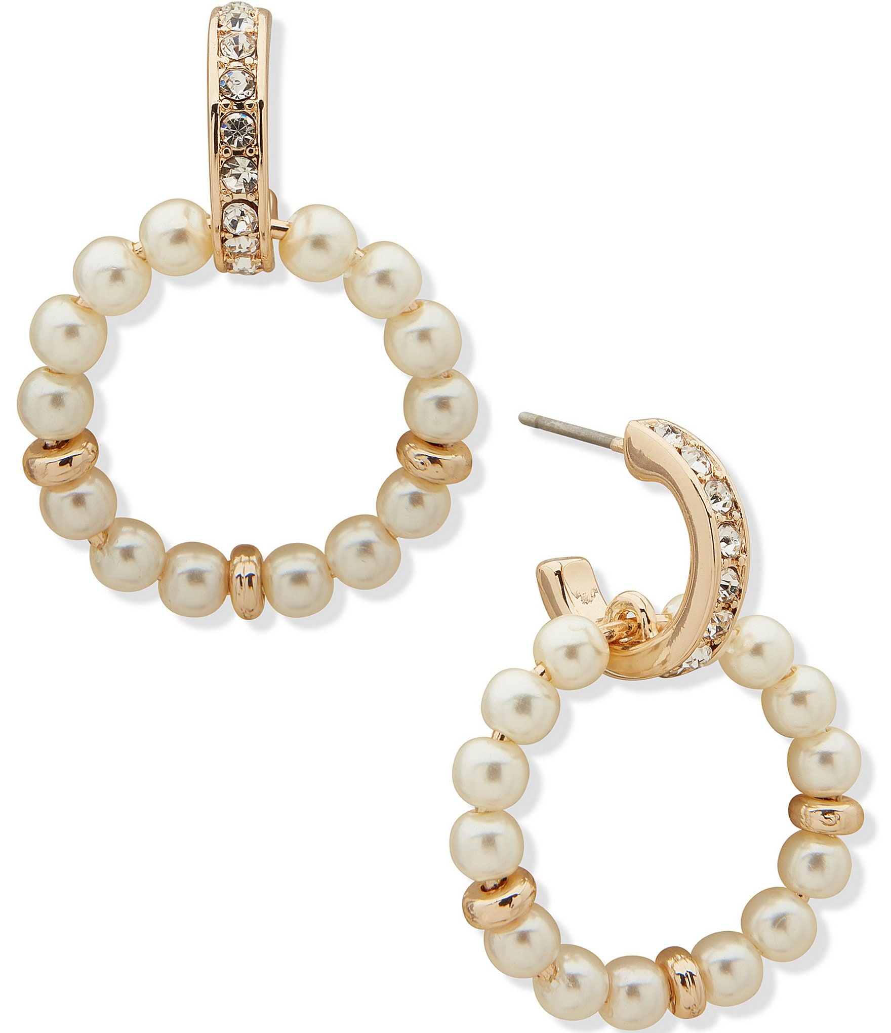 Anne Klein Gold Tone White Pearl Crystal Huggie Open Ring Drop Hoop Earrings