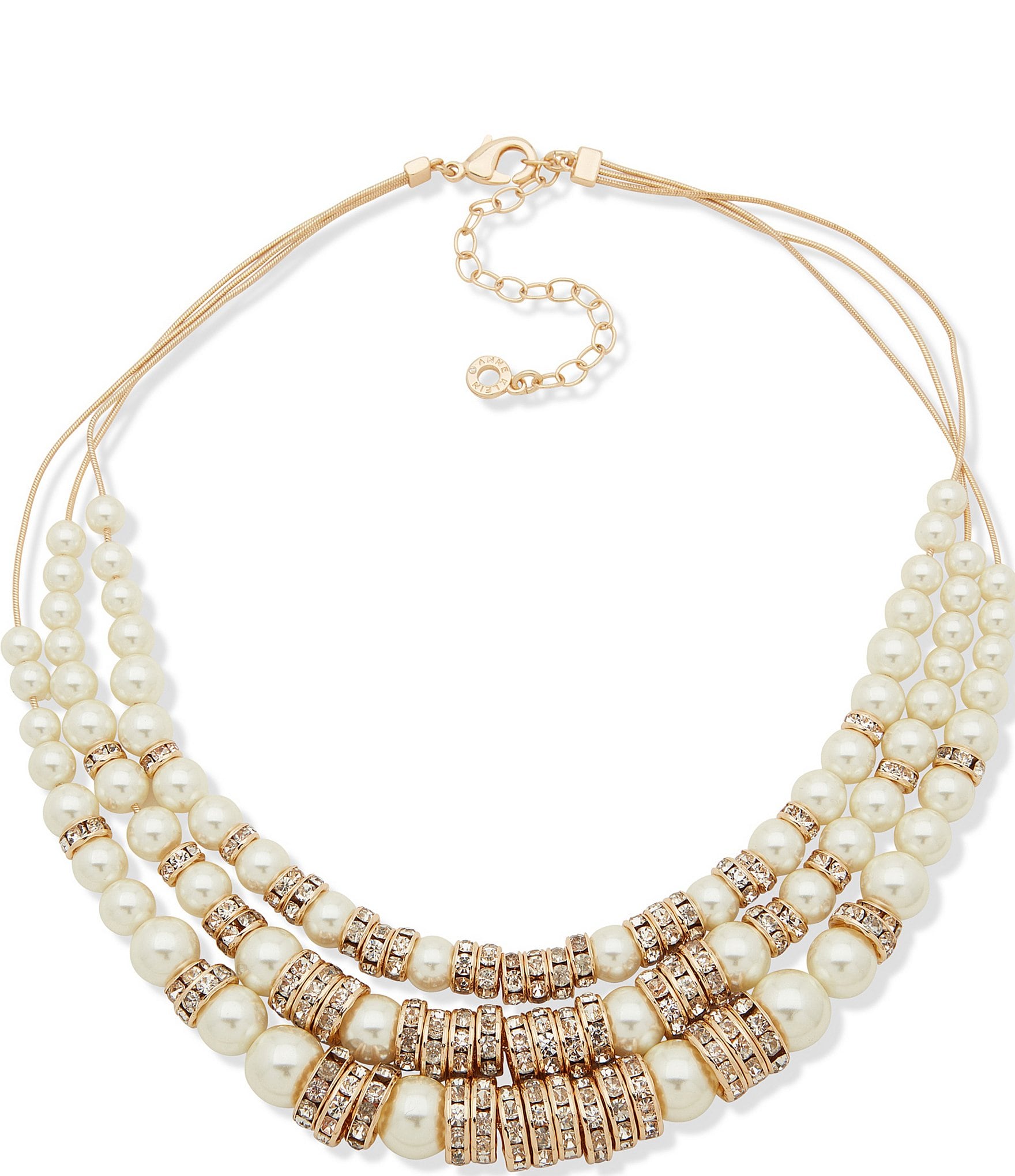 Anne Klein Gold Tone White Pearl Crystal Multi Row Collar Necklace