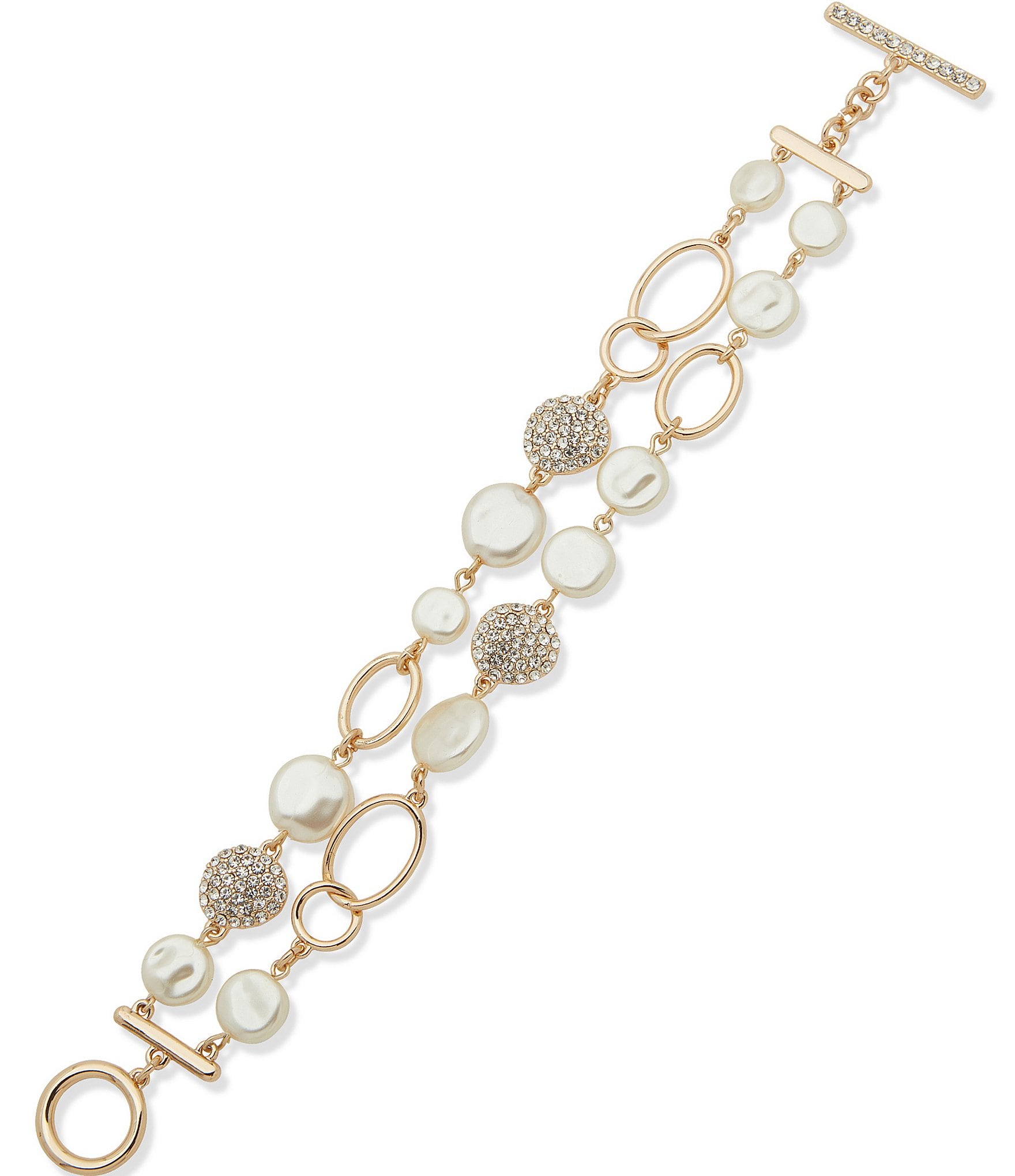 Anne Klein Gold Tone White Pearl Crystal Multi Row Flex Line Bracelet ...