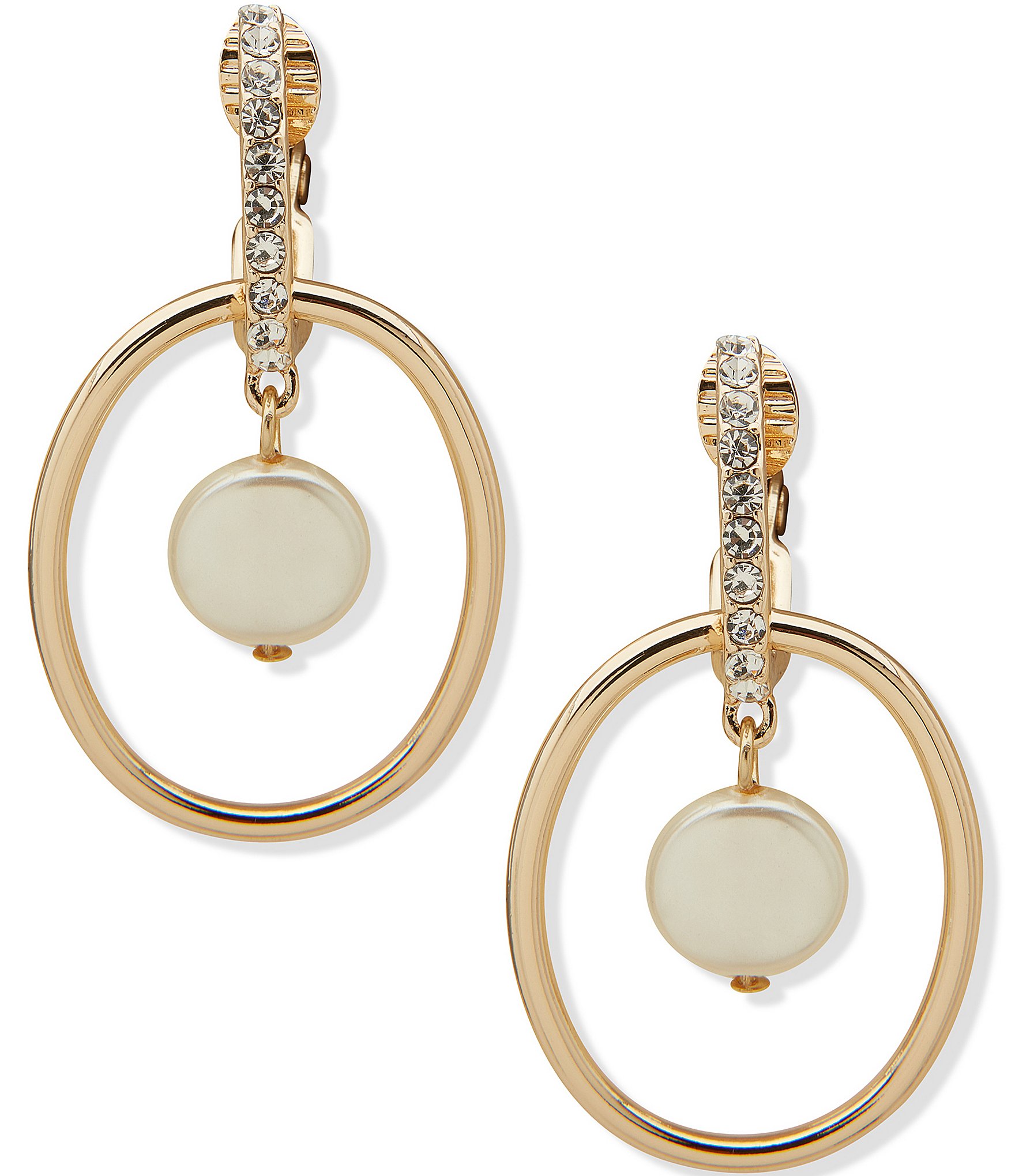 Anne Klein Gold Tone White Pearl Crystal Orbital Drop Clip Earrings